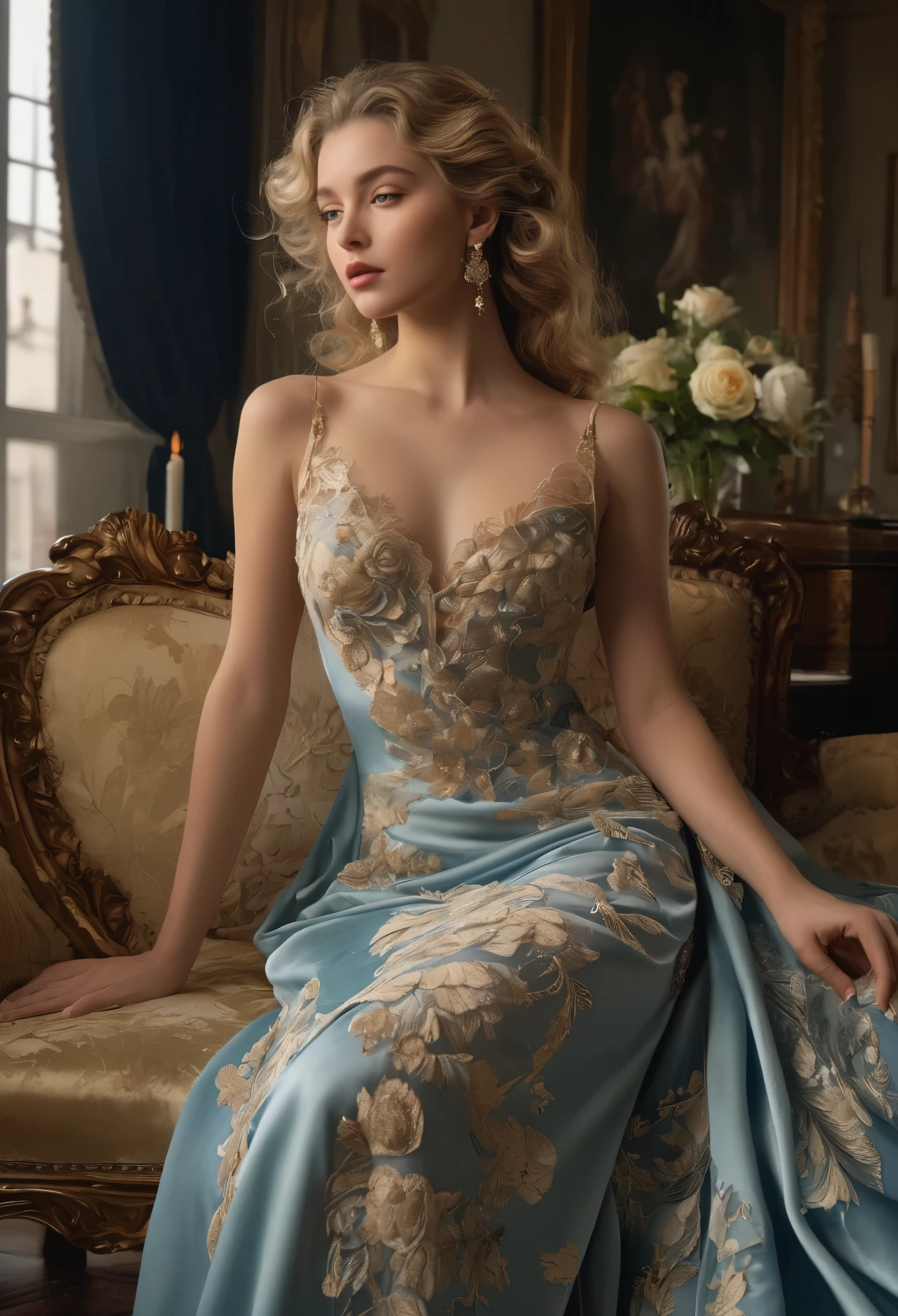 (best quality,4k,8k,highres,masterpiece:1.2),ultra-detailed,(realistic,photorealistic,photo-realistic:1.37), In the dimly lit parlor of a lavish Georgian townhouse, the young courtesan sits poised upon a plush velvet settee, her delicate form draped in the finest silks of the era. At 18 years old, she possesses an ethereal beauty that captivates all who gaze upon her portrait.

Her porcelain complexion is flawlessly illuminated by the soft glow of candlelight, casting a gentle radiance upon her features. Cascading curls of golden blonde hair frame her face, each ringlet meticulously coiffed to perfection, accentuating her elegant neckline.

Her piercing sapphire eyes, framed by long, fluttering lashes, hold a depth of allure and mystery, hinting at the secrets concealed within her captivating gaze. A subtle flush adorns her cheeks, betraying a hint of youthful innocence beneath her worldly exterior.

Adorned in a gown of sumptuous satin and lace, the intricate embroidery and fine detailing speak to her status as a woman of refinement and luxury. The fabric drapes gracefully over her slender form, hinting at the curves beneath while leaving much to the imagination.

In her delicate hand, she holds a single rose, its petals unfurling in a display of natural beauty that mirrors her own. The faint scent of jasmine lingers in the air, adding to the sensory allure of the scene.

Despite her profession, there is an undeniable air of sophistication and grace that surrounds her, elevating her beyond mere mortal beauty to the realm of timeless artistry. In her portrait, she is not merely a courtesan, but a vision of elegance and allure that transcends the confines of her time.