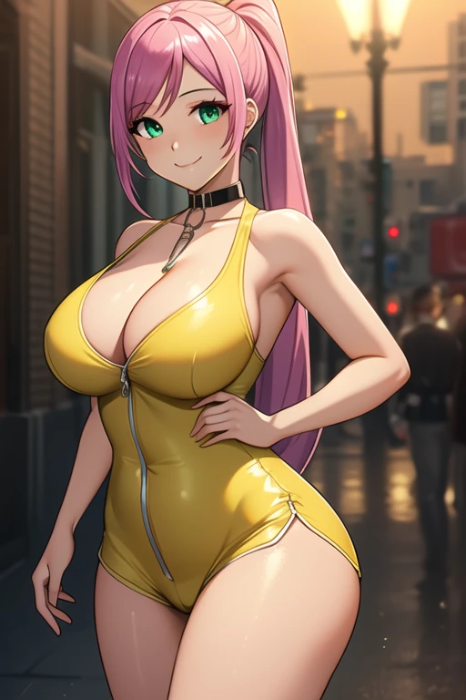 1 girl, 19 years old, Long pink hair, green eyes with slit pupils, master-piece, best quality, (standing up), (hair in a ponytail), (yellow jumpsuit, cleavage), (Big , ultra gigantic , Super super big, Glamorous body), Make eye contact with the camera, front figure, looking forward, (light_Smile:1.5), (Detailed hands and fingers:1.2) (Cyberpunk City), (FULL BODYSHOT), thighs thighs thighs thighs、beauty legs、Bare legs