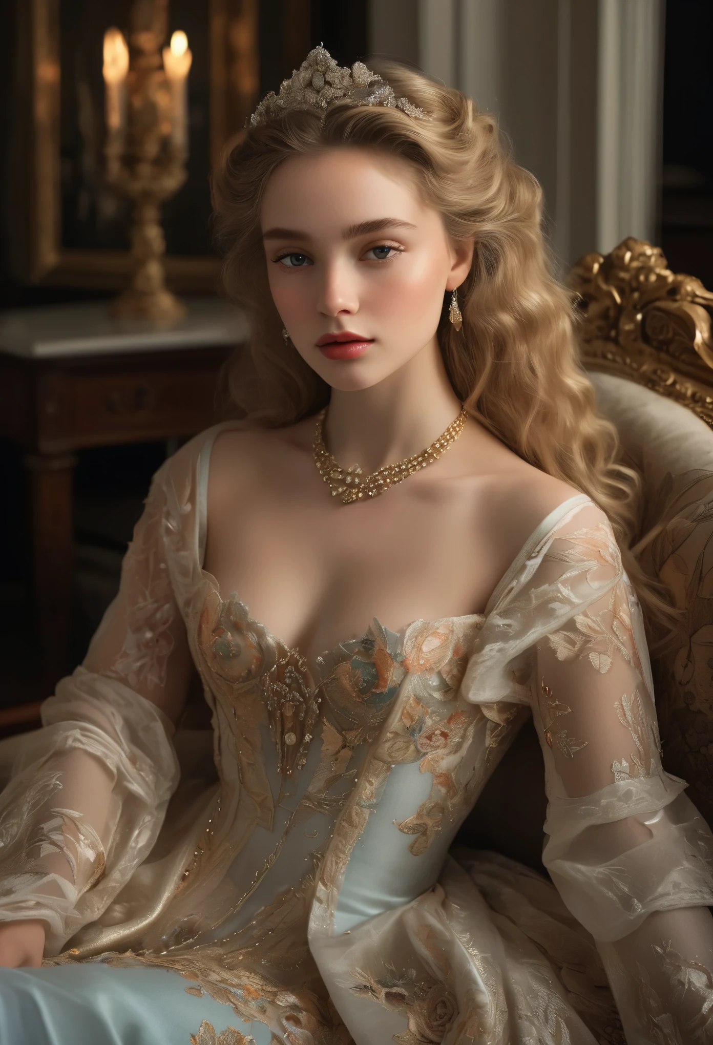 (best quality,4k,8k,highres,masterpiece:1.2),ultra-detailed,(realistic,photorealistic,photo-realistic:1.37), In the dimly lit parlor of a lavish Georgian townhouse, the young courtesan sits poised upon a plush velvet settee, her delicate form draped in the finest silks of the era. At 18 years old, she possesses an ethereal beauty that captivates all who gaze upon her portrait.

Her porcelain complexion is flawlessly illuminated by the soft glow of candlelight, casting a gentle radiance upon her features. Cascading curls of golden blonde hair frame her face, each ringlet meticulously coiffed to perfection, accentuating her elegant neckline.

Her piercing sapphire eyes, framed by long, fluttering lashes, hold a depth of allure and mystery, hinting at the secrets concealed within her captivating gaze. A subtle flush adorns her cheeks, betraying a hint of youthful innocence beneath her worldly exterior.

Adorned in a gown of sumptuous satin and lace, the intricate embroidery and fine detailing speak to her status as a woman of refinement and luxury. The fabric drapes gracefully over her slender form, hinting at the curves beneath while leaving much to the imagination.

In her delicate hand, she holds a single rose, its petals unfurling in a display of natural beauty that mirrors her own. The faint scent of jasmine lingers in the air, adding to the sensory allure of the scene.

Despite her profession, there is an undeniable air of sophistication and grace that surrounds her, elevating her beyond mere mortal beauty to the realm of timeless artistry. In her portrait, she is not merely a courtesan, but a vision of elegance and allure that transcends the confines of her time.