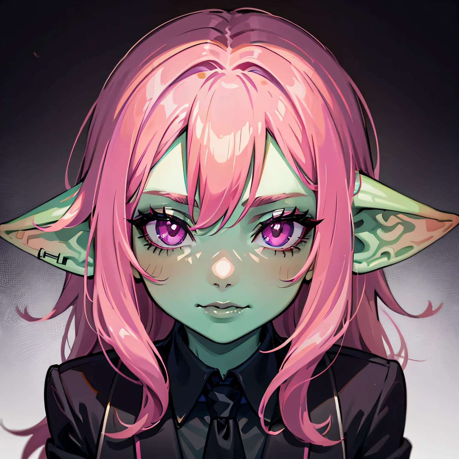 1 girl, portrait, goblin girl, green skin, pink hair, long hair, lip piercing, pink eyes, black shirt, black tie, black lipstick, black eye makeup, happy, black background, hands behind back, office lady, business suit, close-up, symmetrical ears