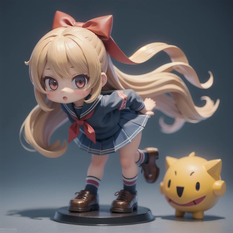 (masterpiece, best quality:1.2), 1girl,kogyaru ((masterpiece, highest quality, Highest image quality, High resolution, photorealistic, Raw photo, 8K)),(nendoroid figure), miniatures,illustration,((Side viewing angle)),school-uniform,blonde hair,(tanned dark skin),Wear red ribbon,loose socks,very happy,whole body,skirt lift(skirt hold),(visible panty),three-dimensional,octane rendering,Perfect face,Collagen texture((flowing hair))