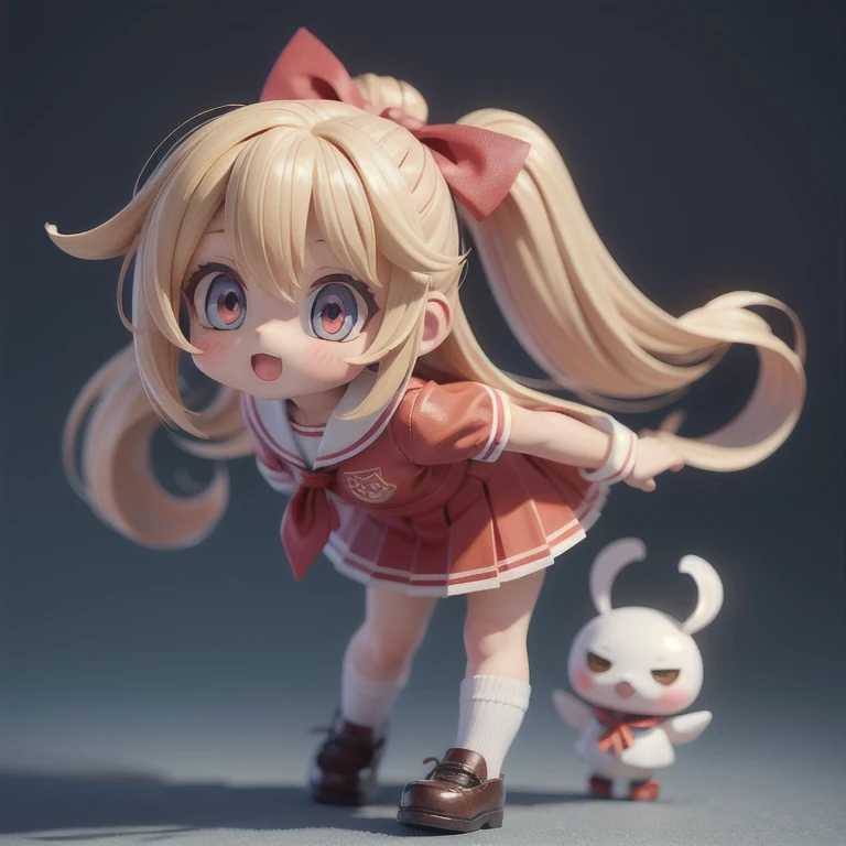 (masterpiece, best quality:1.2), 1girl,kogyaru ((masterpiece, highest quality, Highest image quality, High resolution, photorealistic, Raw photo, 8K)),(nendoroid figure), miniatures,illustration,((Side viewing angle)),school-uniform,blonde hair,(tanned dark skin),Wear red ribbon,loose socks,very happy,whole body,skirt lift(skirt hold),(visible panty),three-dimensional,octane rendering,Perfect face,Collagen texture((flowing hair))