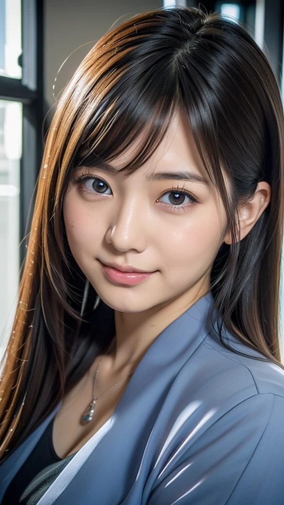 Portrait of Mayuri Shiina, Beautiful Japanese girl face, mayuri shiina, Yoshitomo Nara, deayami kojima, Realistic young gravure idol, Young and cute gravure idol, Japanese Model, Young Sensual Gravure Idol, Chiho,Japanese Beauty、Looking here、front photo、Photorealistic、Full-body photo、Gray office uniform、OL、Office Lady、Short skirt、Full body photo、Black Hair