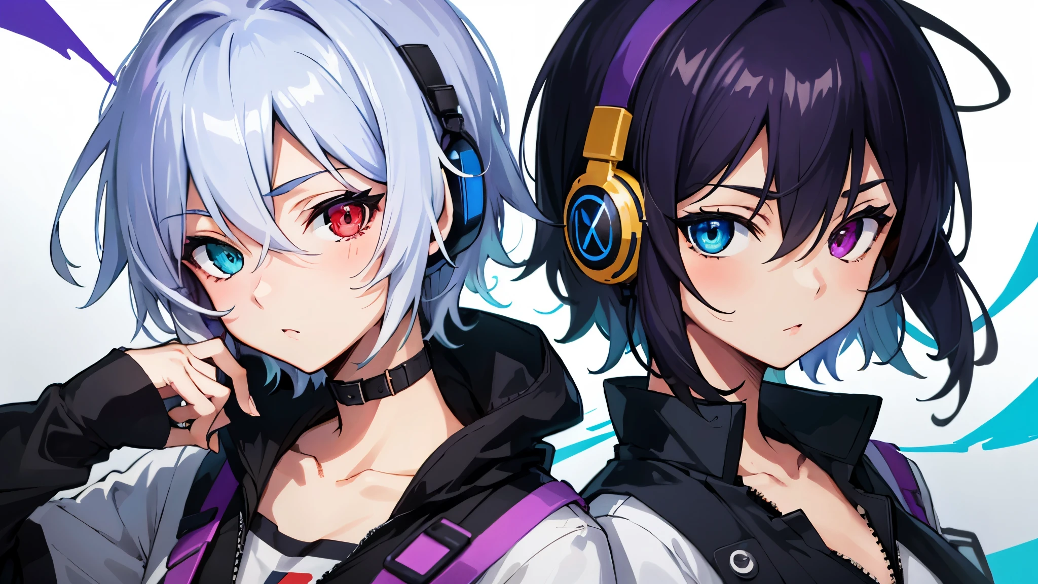 anime,best quality,high resolution,1girl,only,short hair,purple hair,heterochromia(red eyes,blue eyes),Upper Eye,headphone