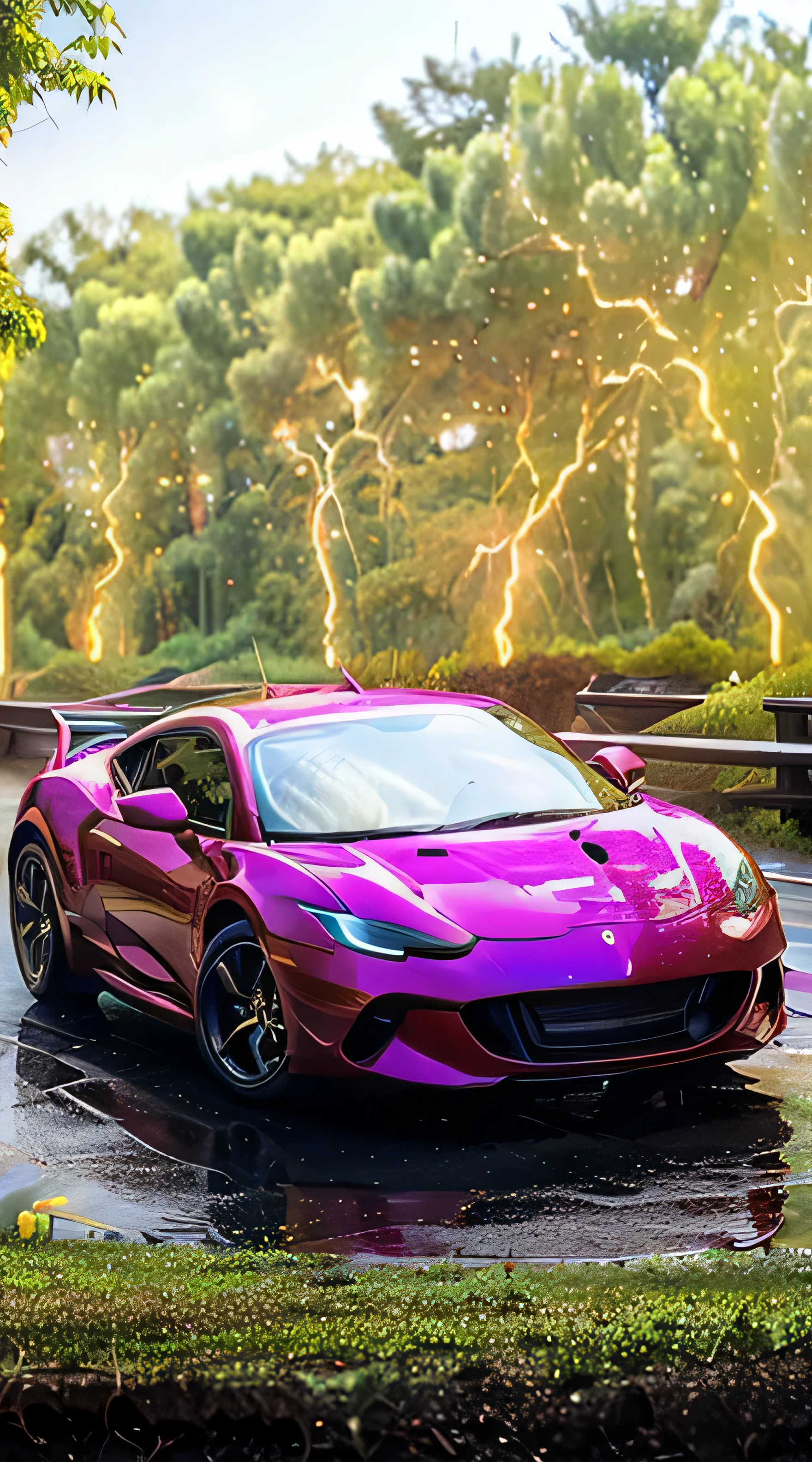 Super bright metallic-vermillion racing car is running on the expressway,
City of high technology residence complex, skyacrapers, and towers,
Good green environmental atmosphere,
Morning sunlight with blue sky and white cloud.