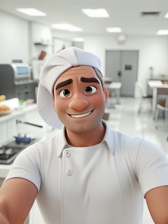 Imagem estilo Pixar, qualidade alta, melhor qualidade, homem de 29 anos, tirando selfie, com touca de pizzaiolo, sem barba, pele clara, olhos castanhos, camisa escrito "Chef"