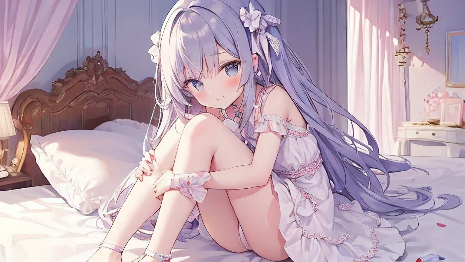 (A cute wearing lace:1.1)Have beautiful and delicate eyes and a sweet smile,(colorful)Peeking playfully from under the skirt,(Comfortable and well-lit bedroom)Comfortable bed。The room is full(soft natural light),It creates a warm and inviting atmosphere。Emphasis on loli;s butt,Add a touch of sexiness to the scene。(bedroom)具have(girly and elegant)of aesthetics,have(muted pastels)and exquisite decoration。(side view)The angle allows us to appreciate the cute and innocent expression on Loli'ace,And her cute posture in bed。