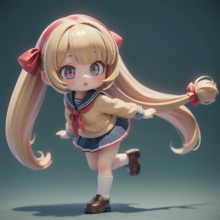 (masterpiece, best quality:1.2), 1girl,kogyaru ((masterpiece, highest quality, Highest image quality, High resolution, photorealistic, Raw photo, 8K)),(nendoroid figure), miniatures,illustration,((Side viewing angle)),school-uniform,blonde hair,(tanned dark skin),Wear red ribbon,loose socks,very happy,whole body,skirt lift(skirt hold),(showing panty),three-dimensional,octane rendering,Perfect face,Collagen texture((flowing hair))