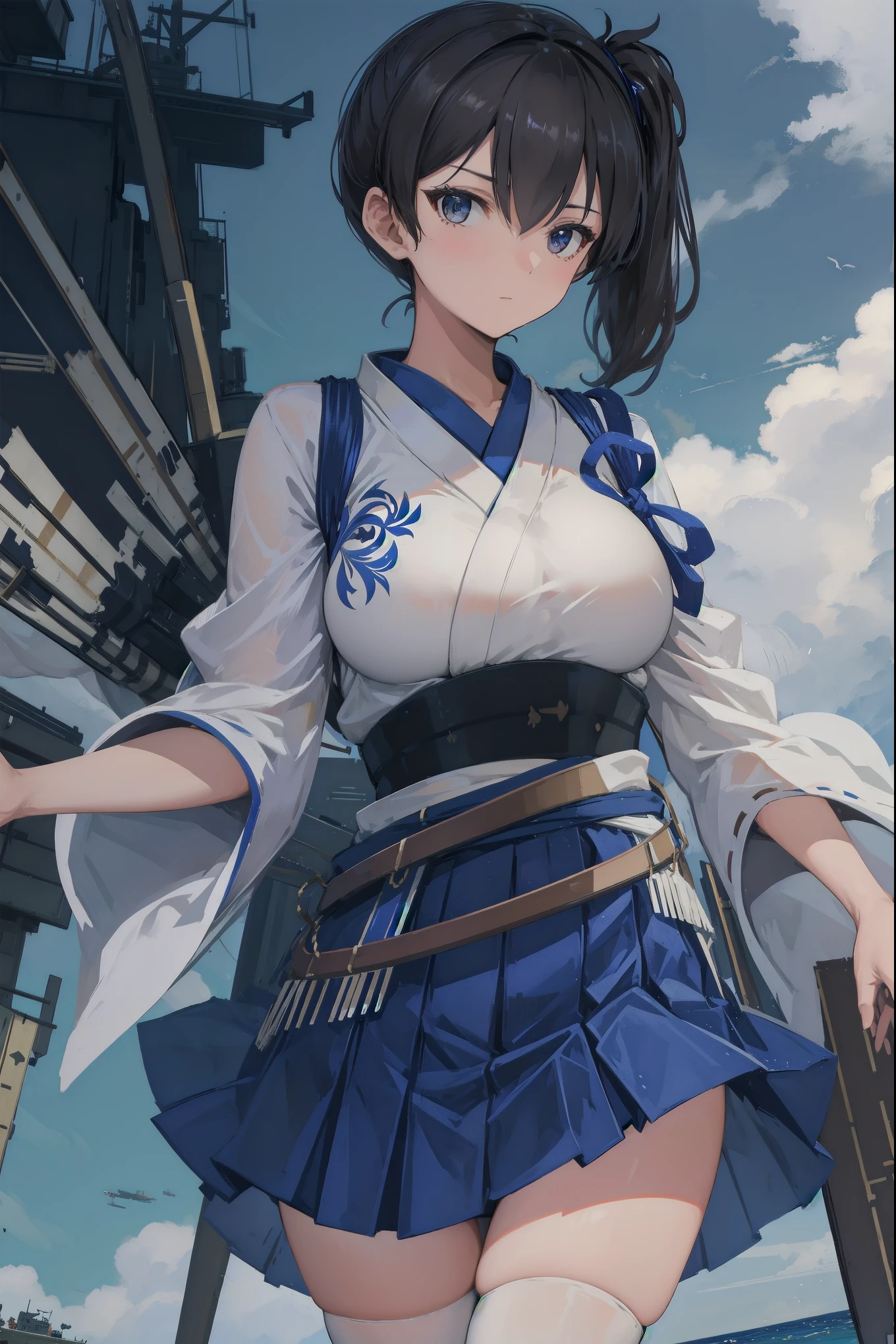 Kaga(Fleet Collection),highest quality, masterpiece, High resolution,kimono,blue skirt,side ponytail,big_breasts,