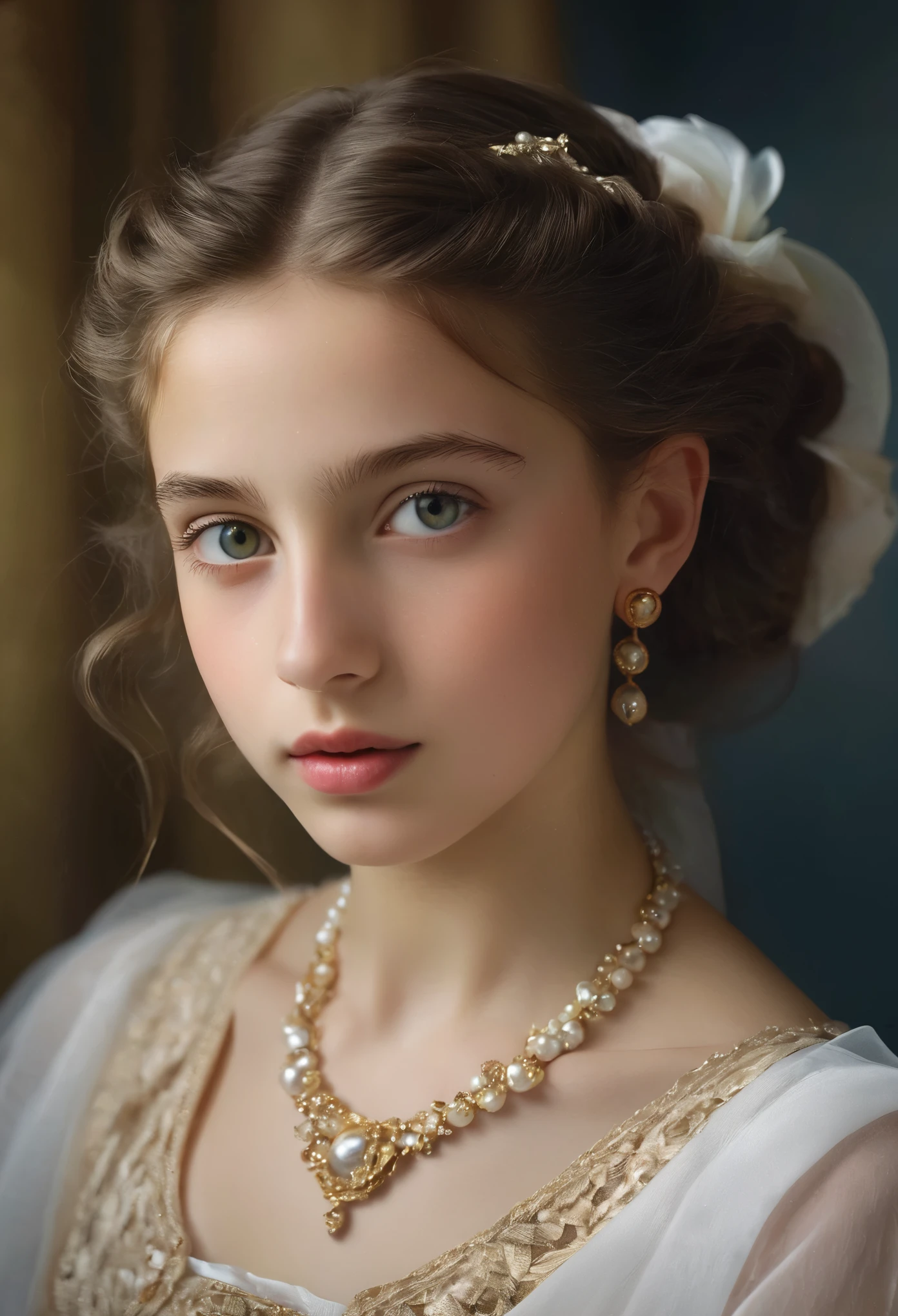 (highres,masterpiece:1.2),(realistic:1.37), A portrait of a Jewish girl in the 20th century with unparalleled beauty. age 14, eldest daughter of a wealthy merchant, The lighting is soft and diffused, accentuating the girl's ethereal beauty. The colors are vibrant and rich, creating a captivating visual experience. The portrait is created in the style of classical portraiture, reminiscent of the works of renowned artists from the era. It exudes elegance, grace, and sophistication. A great masterpiece of the century, you can even feel the breath of the lively girl.