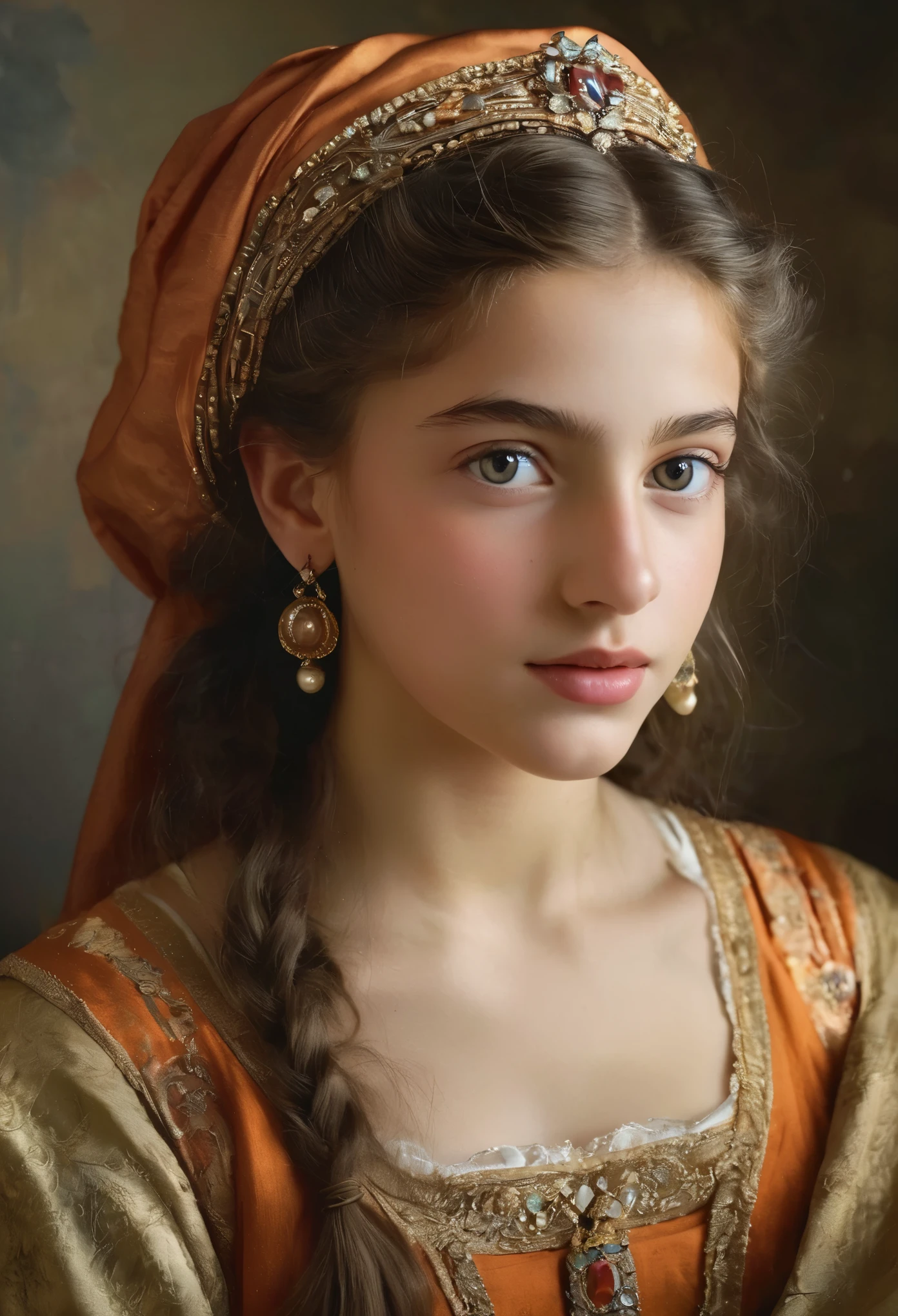 (highres,masterpiece:1.2),(realistic:1.37), A portrait of a Jewish girl in the 20th century with unparalleled beauty. , eldest daughter of a wealthy merchant, The lighting is soft and diffused, accentuating the girl's ethereal beauty. The colors are vibrant and rich, creating a captivating visual experience. The portrait is created in the style of classical portraiture, reminiscent of the works of renowned artists from the era. It exudes elegance, grace, and sophistication. A great masterpiece of the century, you can even feel the breath of the lively girl.