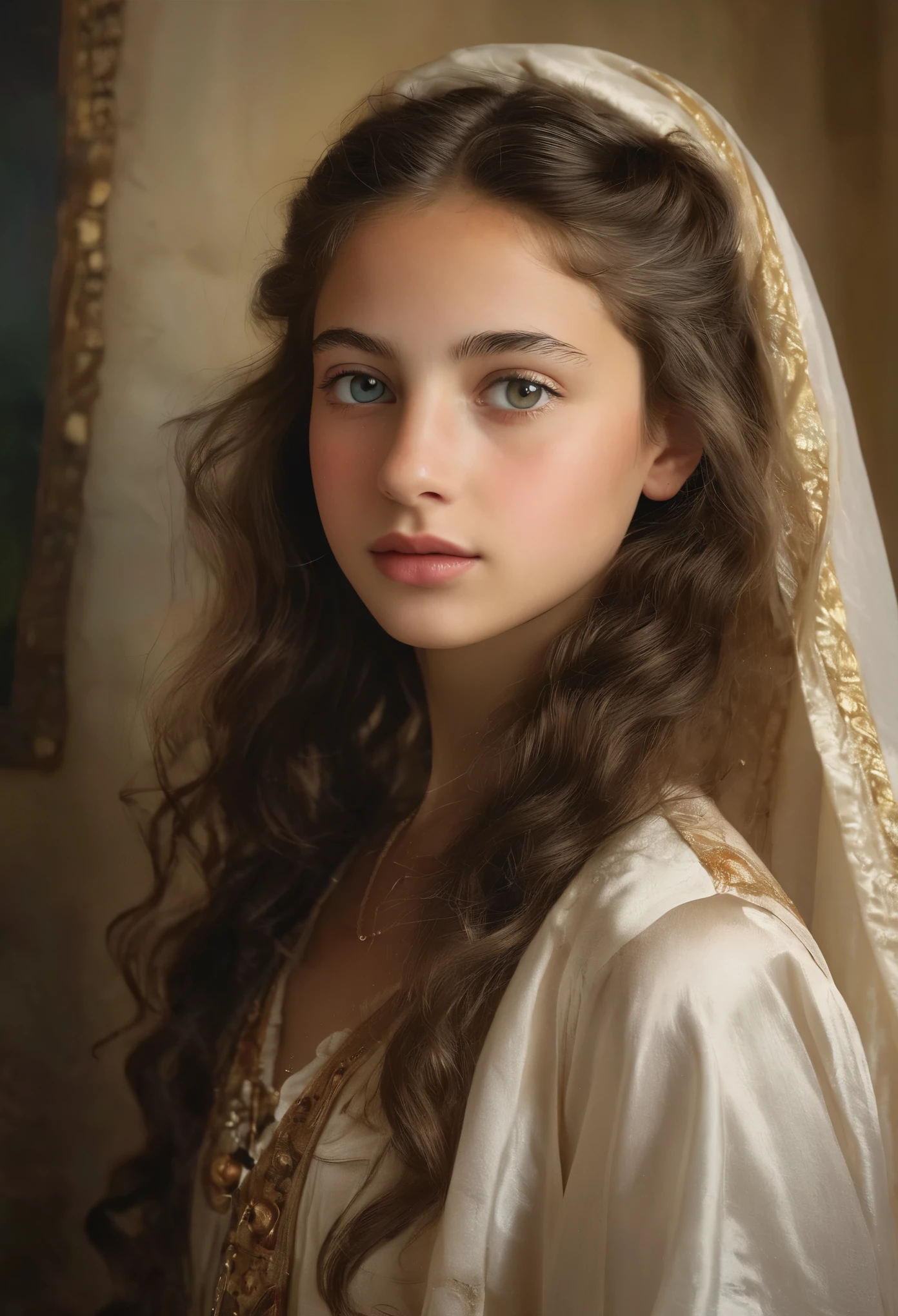 (highres,masterpiece:1.2),(realistic:1.37), A portrait of a Jewish girl in the 20th century with unparalleled beauty. age 14, eldest daughter of a wealthy merchant, The lighting is soft and diffused, accentuating the girl's ethereal beauty. The colors are vibrant and rich, creating a captivating visual experience. The portrait is created in the style of classical portraiture, reminiscent of the works of renowned artists from the era. It exudes elegance, grace, and sophistication. A great masterpiece of the century, you can even feel the breath of the lively girl.