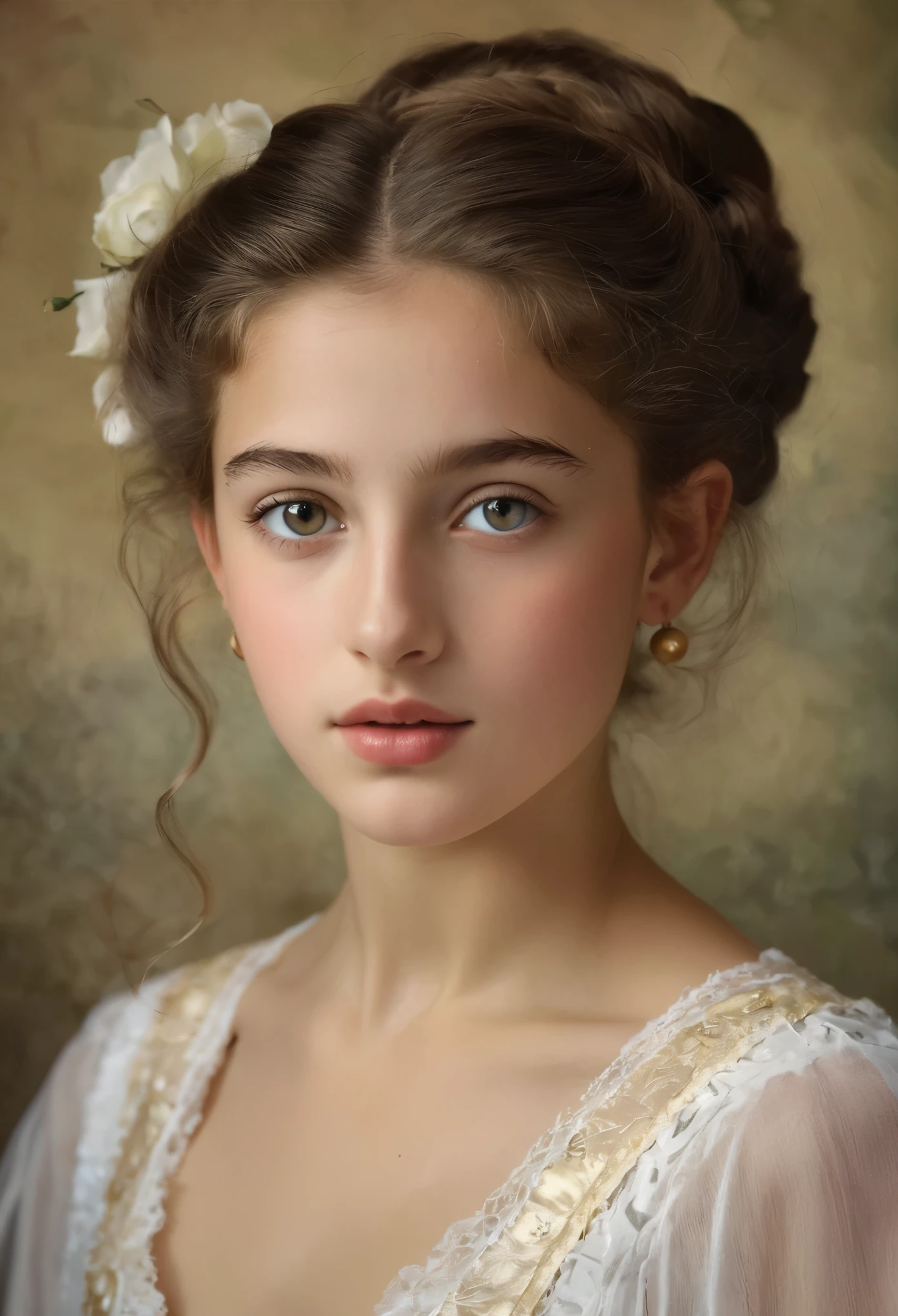 (highres,masterpiece:1.2),(realistic:1.37), A portrait of a Jewish girl in the 20th century with unparalleled beauty. age 14, eldest daughter of a wealthy merchant, The lighting is soft and diffused, accentuating the girl's ethereal beauty. The colors are vibrant and rich, creating a captivating visual experience. The portrait is created in the style of classical portraiture, reminiscent of the works of renowned artists from the era. It exudes elegance, grace, and sophistication. A great masterpiece of the century, you can even feel the breath of the lively girl.