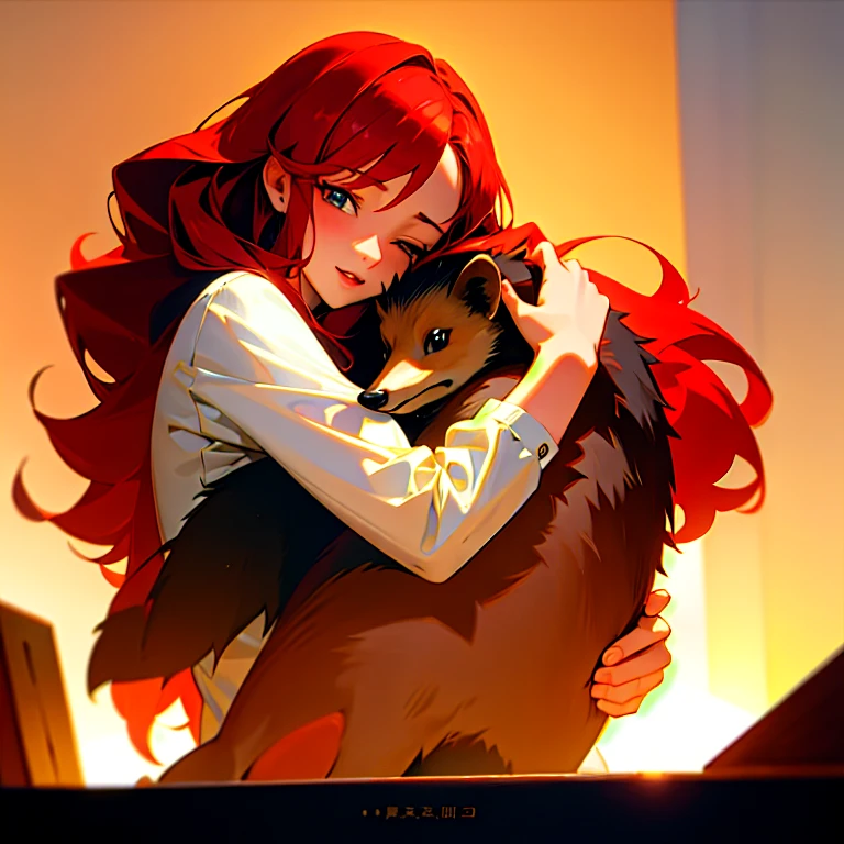 Excellent quality, masterpiece, High Resolutiна, hedgehog hugs a girl, beautiful hedgehog red hair, Shadow Room, Bright Edge, Two-tнаe Lighting, (highly detailed skin: 1.2), 8K UHD, DSLR camera, soft light, high quality, volumetric lighting, High Resolutiна, 4k, 8K, Blur background, Real Persна