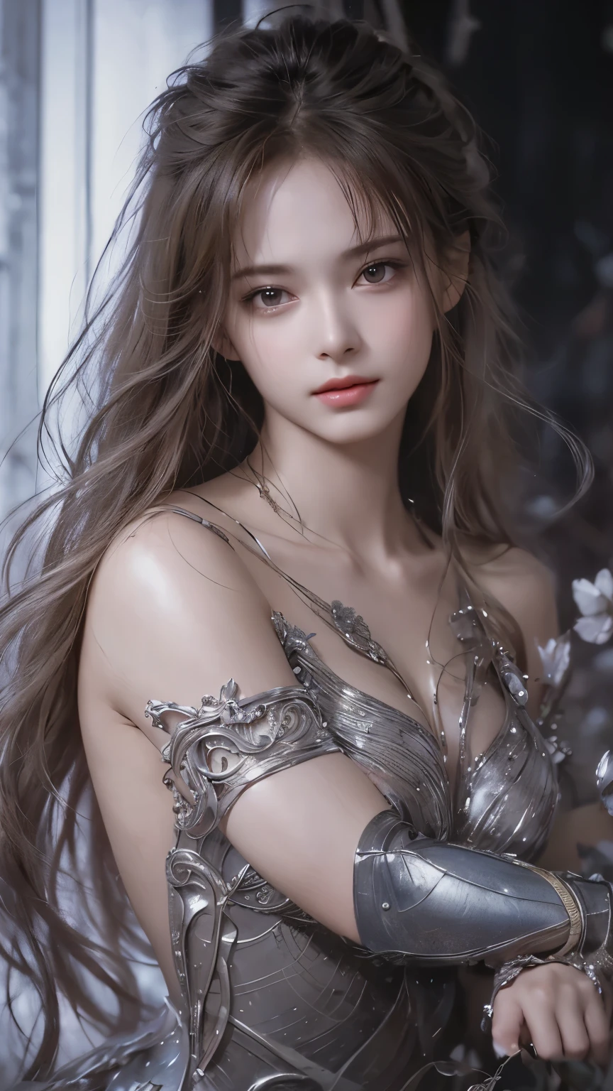A stunning masterpiece by Luis Royo, featuring a top-quality and realistic portrayal of a beautiful girl with shiny, natural skin texture. This surreal portrait captures the essence of youth and beauty, with intricate details on the girl's two arms and two legs.