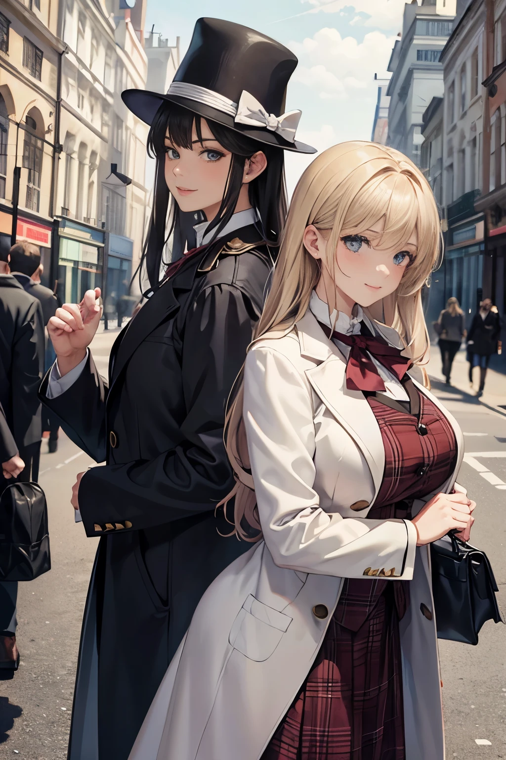 sherlock holmes & watson,
huge huge huge huge huge huge busty 2 girls assemble,
sherlock holmes girl brown glen check frock coat,
side standing watson girl white formal suits,
detective,
gently,
elegance,
wind,
smile,
london,
baker street,
british,
real face,
real body,
real background,
((((masterpiece)))), high quality, very_high_resolution, large_filesize, full color,