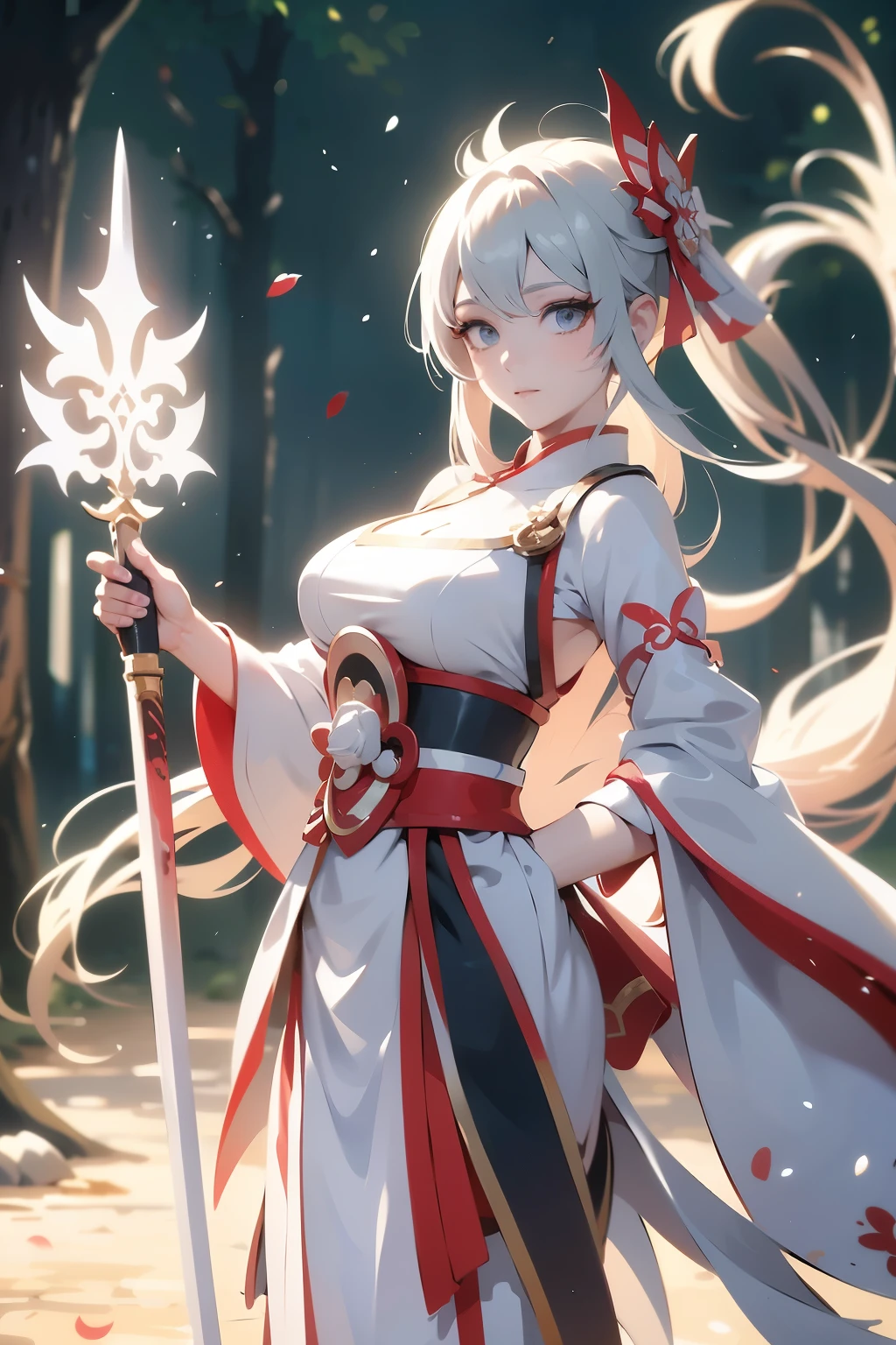a woman in a white and red outfit holding a sword, detailed anime character art, female anime character, white haired deity, anime character art, onmyoji, ayaka genshin impact, holding a sword on her shoulder, onmyoji detailed art, keqing from genshin impact, onmyoji portrait, from arknights, detailed digital anime art, power instance, ready, fullbody view