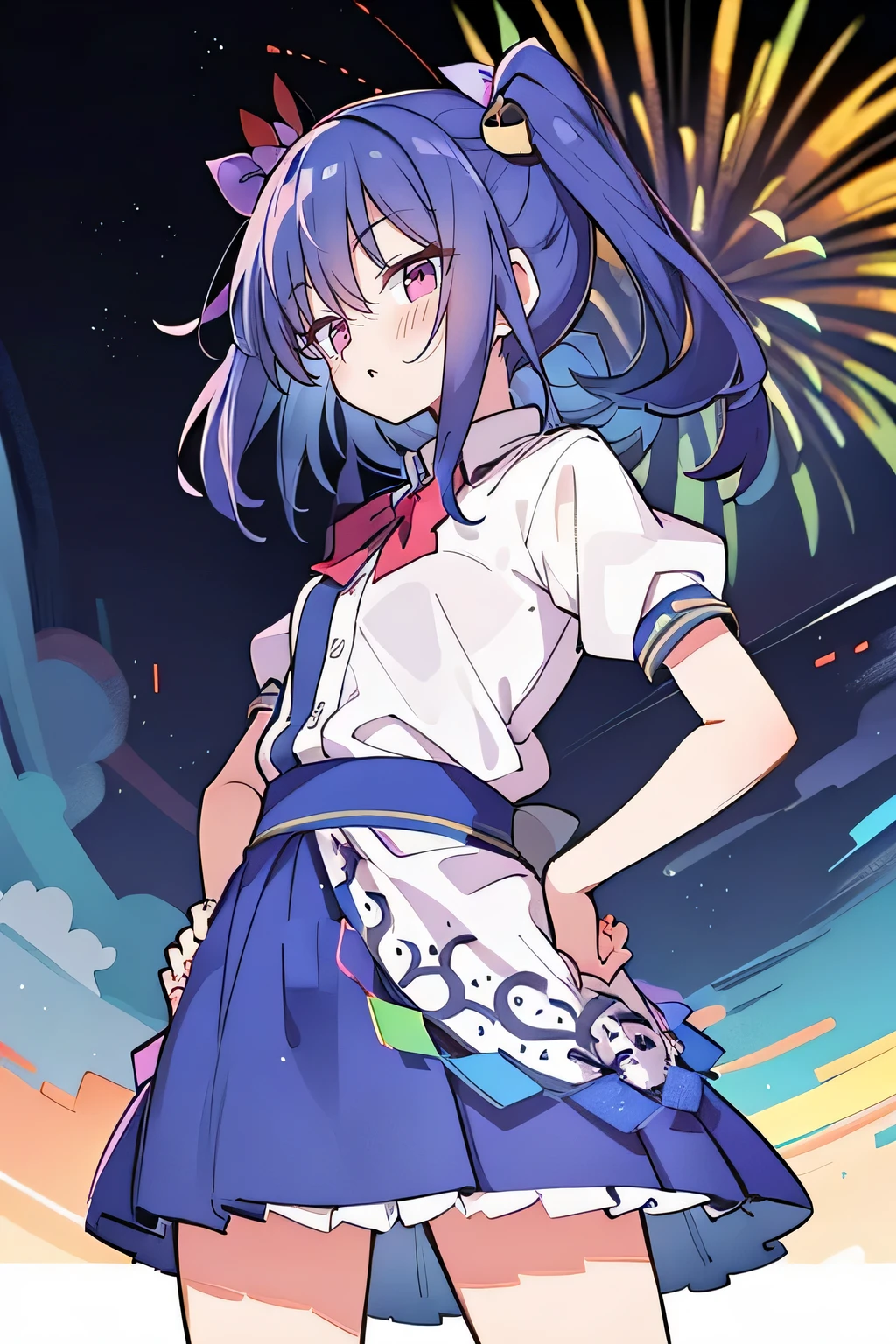 (best quality, masterpiece:1.2, expressive eyes, perfect face, 1 girl, hands on waist, beautiful, gorgeous, Japanese anime, girl, Lola, Hinamori Angel, blue hair, floating clothes, grabbing waist, grabbing waist, hands on hips, hands on hips, flat-chested, night, fireworks)