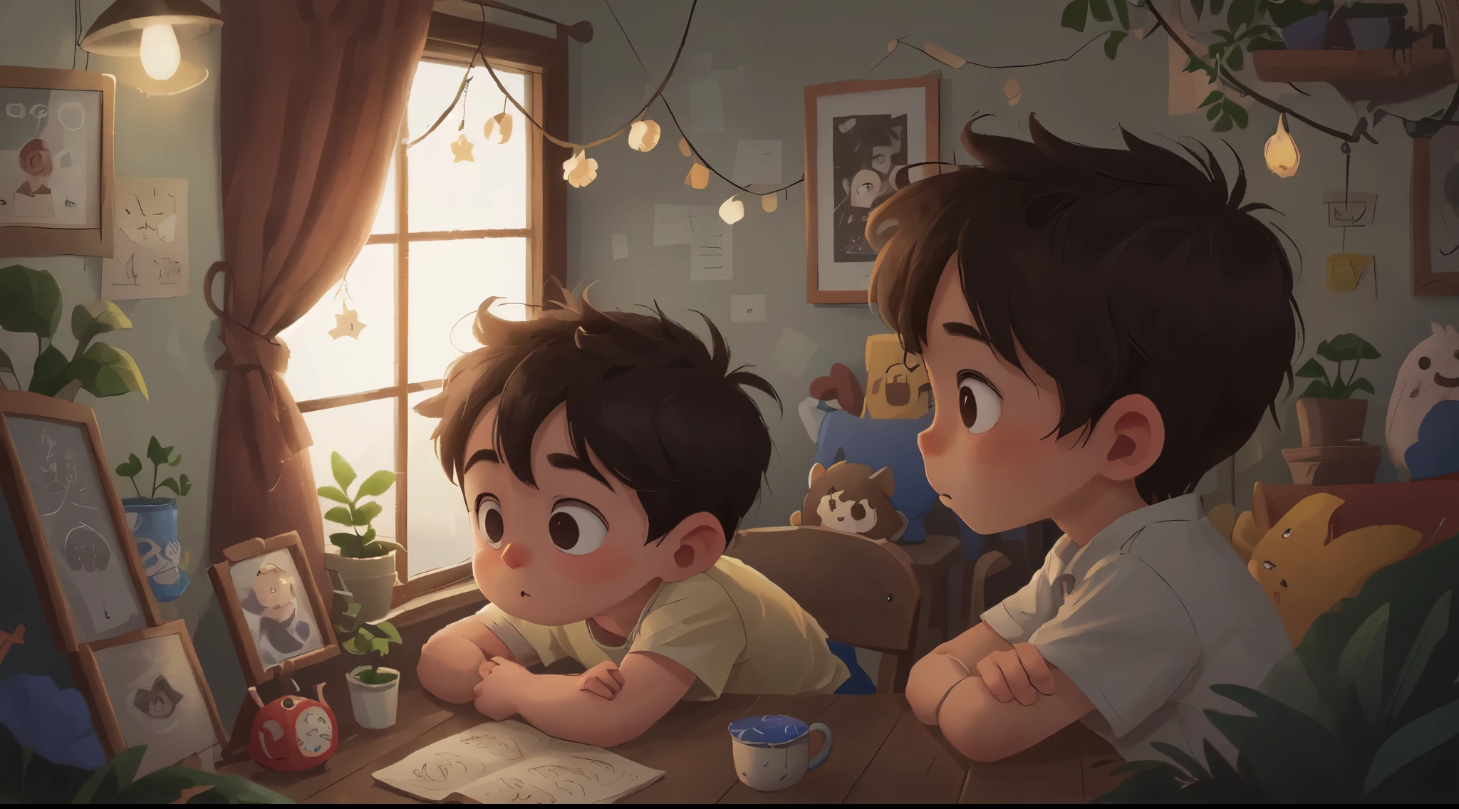 Closeup of a boy watching outside the window at night