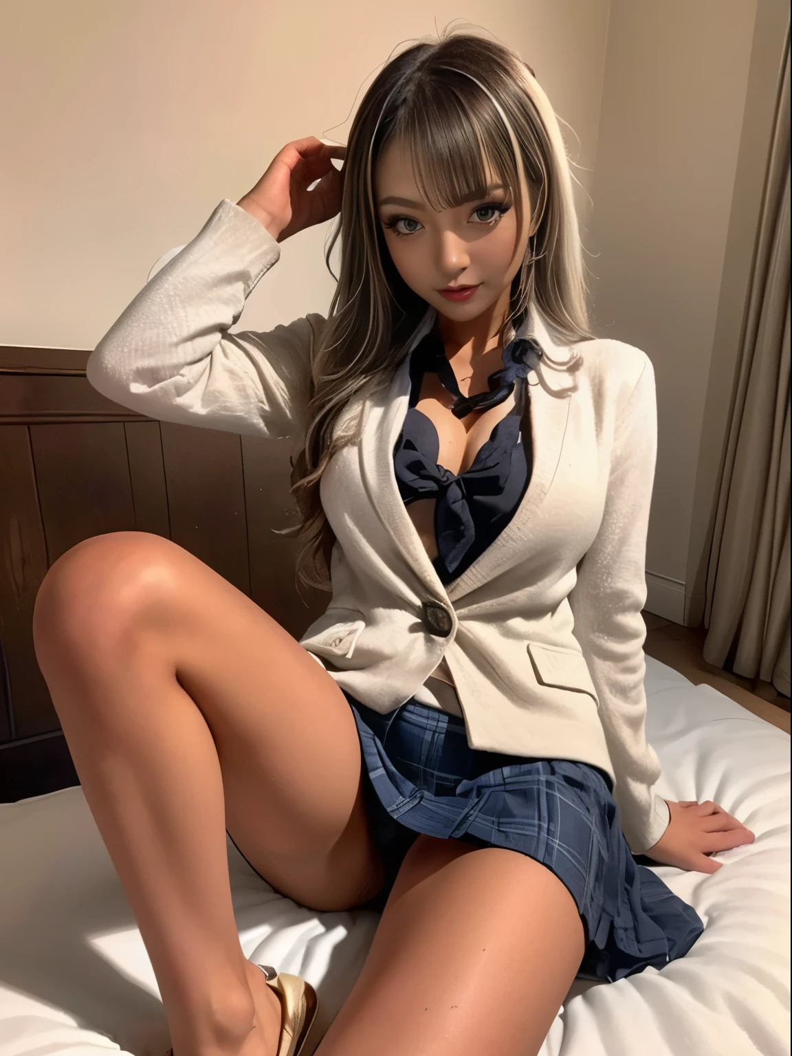 ((Girl lying on bed with head up)),(超Realisticな)、(Awareness-raising)、(High resolution)、(8k)、(Very detailed)、(ベストAwareness-raisingレーション)、(Beautiful and detailed eyes)、(highest quality)、(Ultra-detailed)、(masterpiece)、(wall-)、(Detailed face)、solo、1 girl in、View your viewers、Detailed、Detailed face、Dark Night、Deep Shadow、Low Key、Pure Erotic Face Ace_、length、Black shawl straight hair、46 point diagonal bangs,female student、(White Blazer、chest emblem)、Translucent white blouse、Red bow tie、(bright colored mini skirt,Plaid)、,8k, highest quality, 超High resolution, Tabletop, Realistic, Realistic, High Contrast, Photon Mapping, The real picture, Super Detail, Low angle: 1.5, 1 girl, soloで: 1.5, whole body, ke pop star, kpop idol, Dressing up in K-POP style, Sexy, barefoot, High heels, M character opening leg: White panties: 1.5, スカートの下からパンツが見えるlengthい脚: 1.2, Textured skin