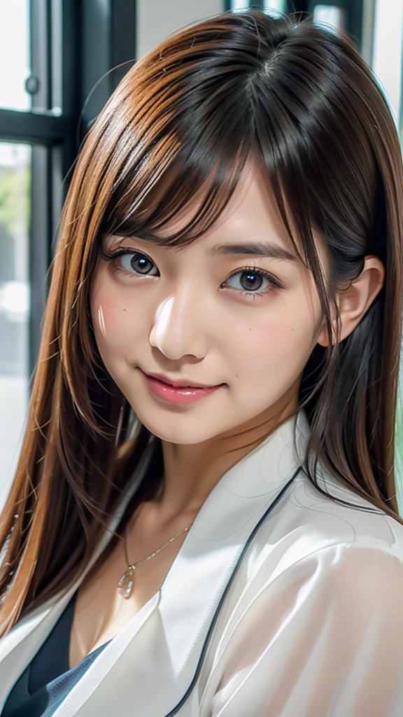 Portrait of Mayuri Shiina, Beautiful Japanese girl face, mayuri shiina, Yoshitomo Nara, deayami kojima, Realistic young gravure idol, Young and cute gravure idol, Japanese Model, Young Sensual Gravure Idol, Chiho,Japanese Beauty、Looking here、front photo、Photorealistic、Full-body photo、Gray office uniform、OL、Office Lady、Short skirt、Full body photo、Black Hair