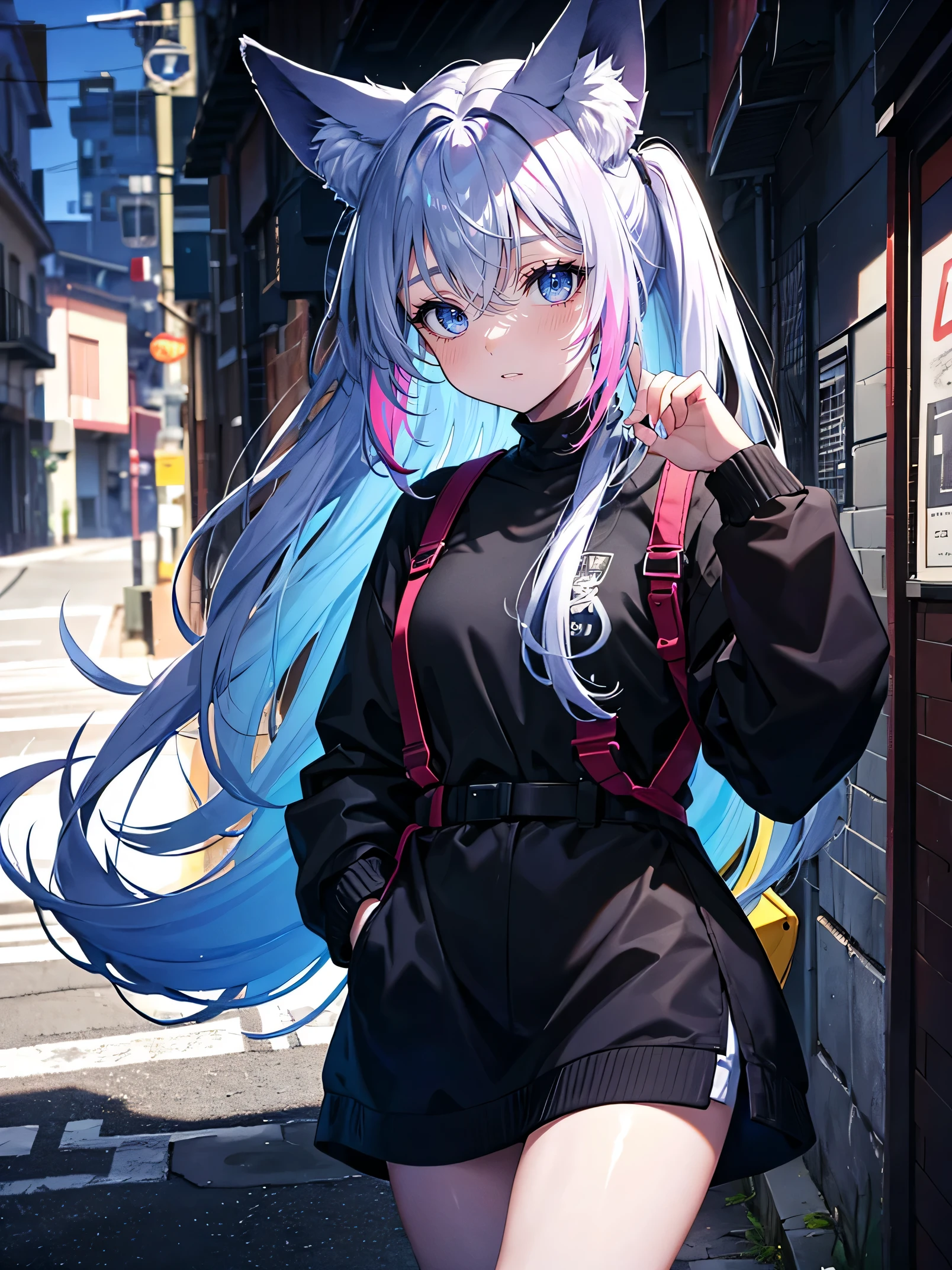 (masterpiece,best quality,ultra-detailed),1girl,(multicolored hair,blue yellow red purple hair),messy hair, black shirt,black jacket,(fox ears),beautiful eyes,(colored skin, grey-blue skin),in a alleyway,(grey theme),(pastel colors theme)