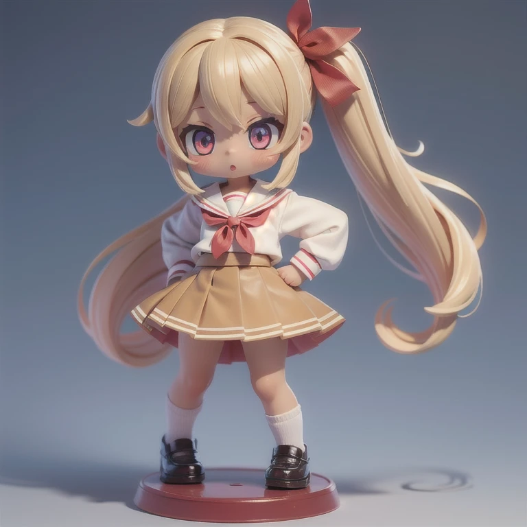 (masterpiece, best quality:1.2), 1girl,kogyaru ((masterpiece, highest quality, Highest image quality, High resolution, photorealistic, Raw photo, 8K)),(nendoroid figure), miniatures,illustration,school-uniform,blonde hair,(tanned dark skin),Wear red ribbon,loose socks,very happy,whole body,skirt lift(skirt hold),showing panty(visible panty),three-dimensional,octane rendering,Perfect face,Collagen texture((flowing hair))