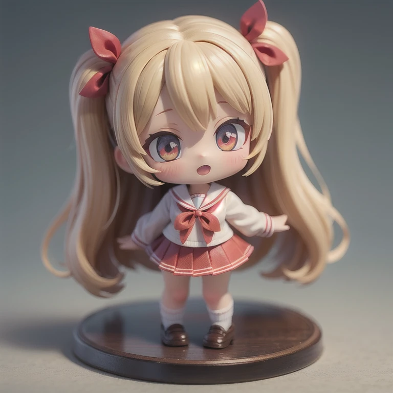 (masterpiece, best quality:1.2), 1girl,kogyaru ((masterpiece, highest quality, Highest image quality, High resolution, photorealistic, Raw photo, 8K)),(nendoroid figure), miniatures,illustration,school-uniform,blonde hair,(tanned dark skin),Wear red ribbon,loose socks,very happy,whole body,skirt lift(skirt hold),showing panty(visible panty),three-dimensional,octane rendering,Perfect face,Collagen texture((flowing hair))