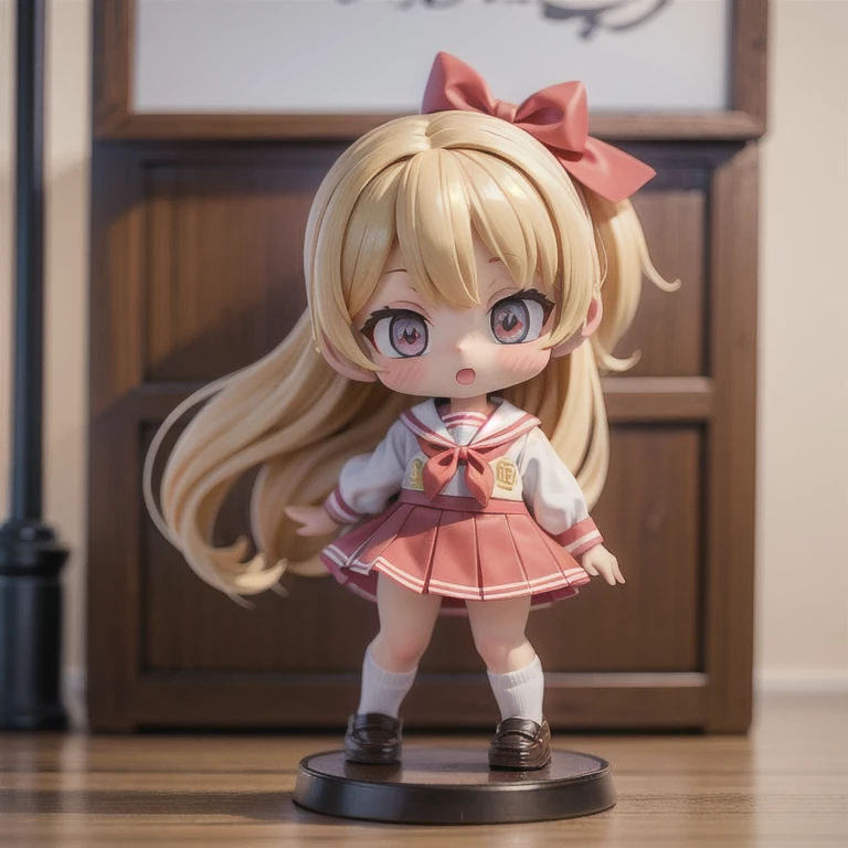 (masterpiece, best quality:1.2), 1girl,kogyaru ((masterpiece, highest quality, Highest image quality, High resolution, photorealistic, Raw photo, 8K)),(nendoroid figure), miniatures,illustration,school-uniform,blonde hair,(tanned dark skin),Wear red ribbon,loose socks,very happy,whole body,skirt lift(skirt hold),showing panty(visible panty),three-dimensional,octane rendering,Perfect face,Collagen texture((flowing hair))