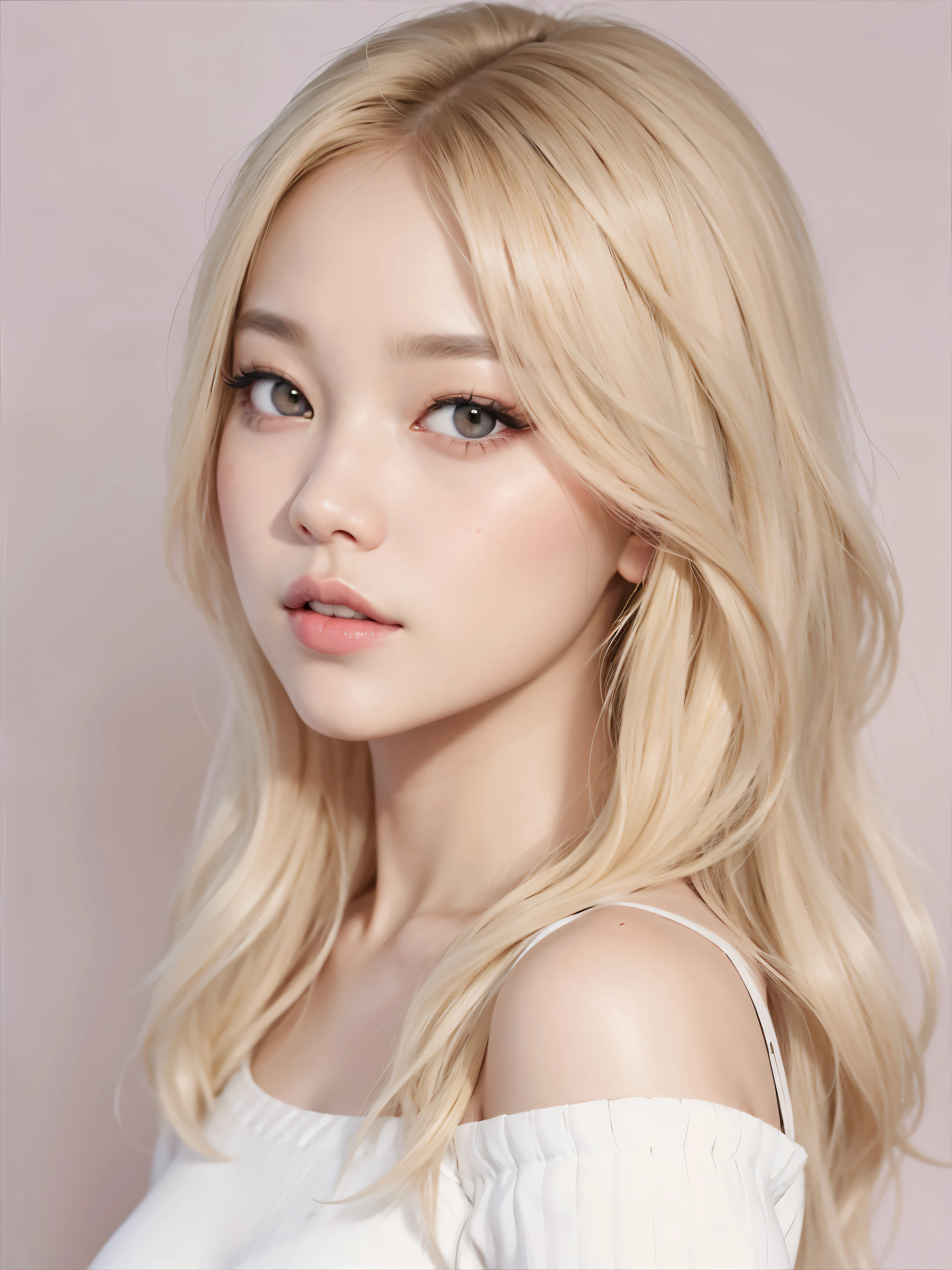 A long blonde hair、Close-up of woman in white top, blackpink 的 roseanne park, Larissa Manobar, Popular Korean makeup, portrait of blackpink 的 jossi, Korean Idol的肖像, Blackpink’s Larissa Manoban, Popular Korean makeup, portrait of female Korean Idol, jinyoung shin, blackpink 的 jossi, Korean Idol, Korean facial features