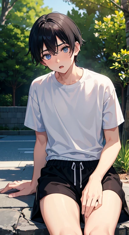 1 Boy, blue eyes, Black Hair, Wearing a white sports shirt, Wearing black gym shorts, wearing white sneakers, Surprised face, Surprised eyes, Eyes look forward, from the front, Sitting, Sit in the shade and rest, Tree Shadow, sunny, noon, Rest area next to the jogging area, Very detailed, Great graphics, 8k, Super sharp, masterpiece