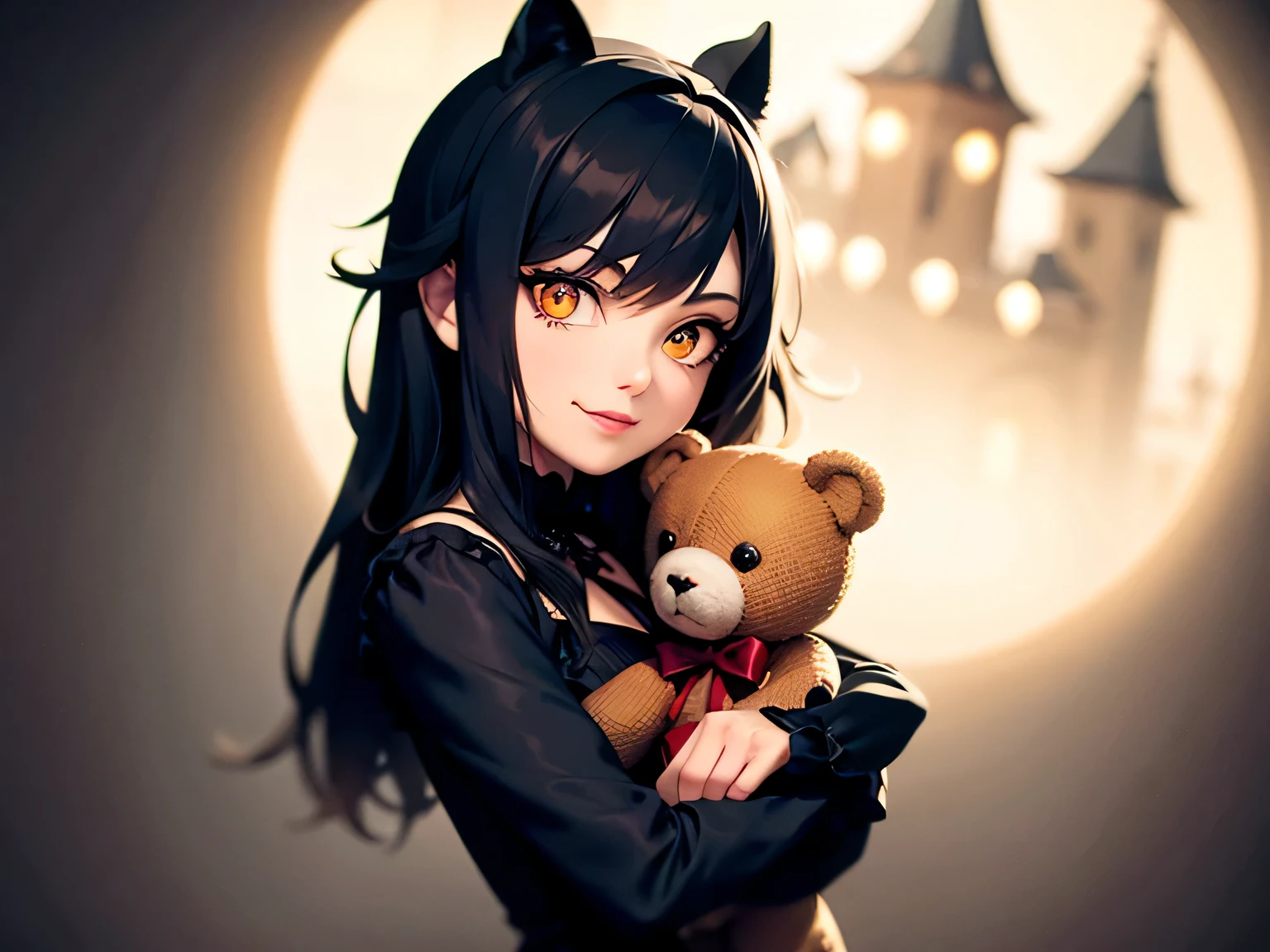 Create an image of a cute goth/emo anime girl with a cocky expression. She should be smirking confidently, her eyes gleaming with mischief. In her arms, she holds a white teddy bear with shiny buttons for eyes. The teddy bear should have a gothic aesthetic, perhaps with a small stitched heart or a bow. The background should be moody, with hints of victorian gothic architecture and a full moon shining behind her.