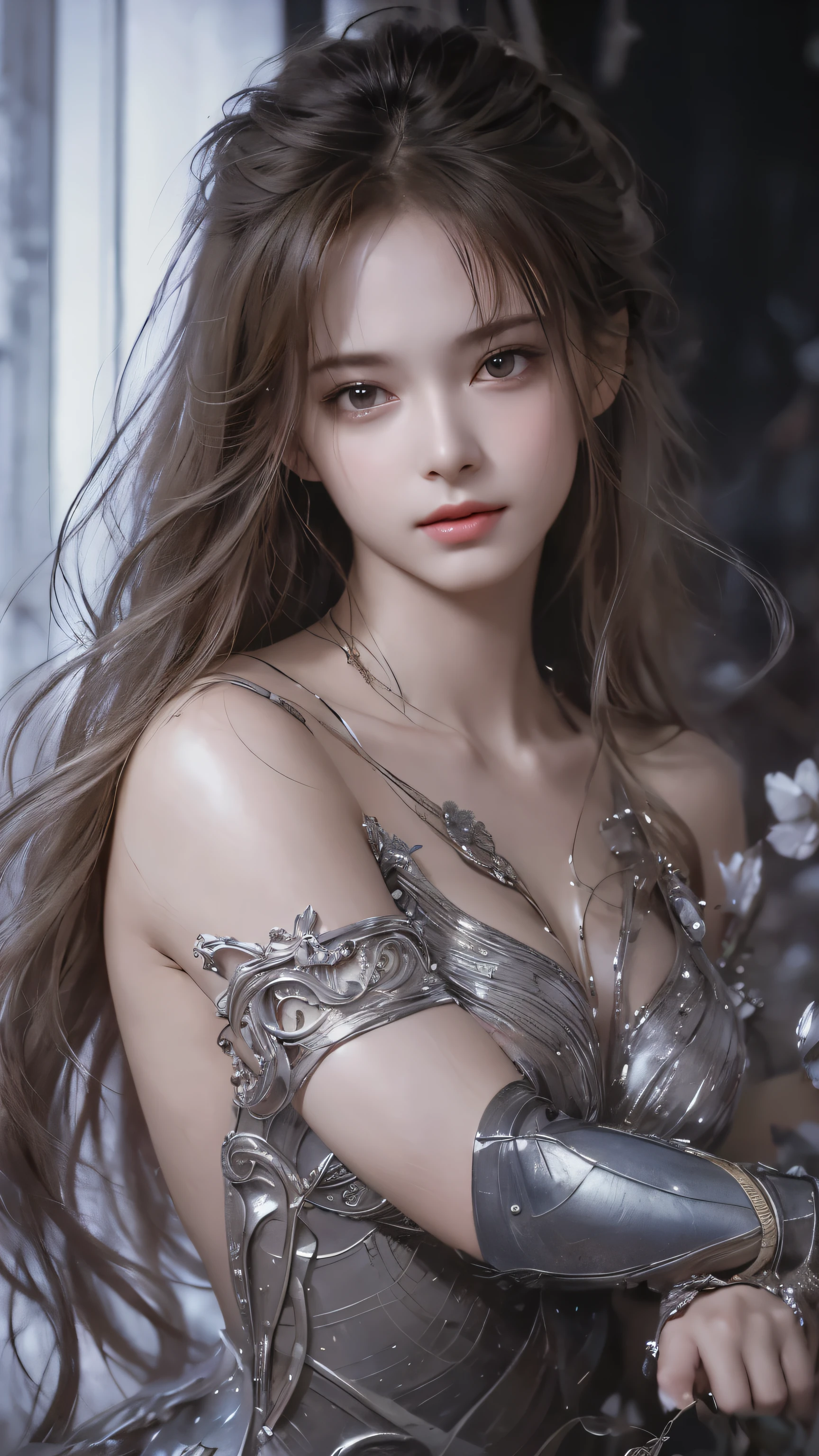 A stunning masterpiece by Luis Royo, featuring a top-quality and realistic portrayal of a beautiful girl with shiny, natural skin texture. This surreal portrait captures the essence of youth and beauty, with intricate details on the girl's two arms and two legs.
