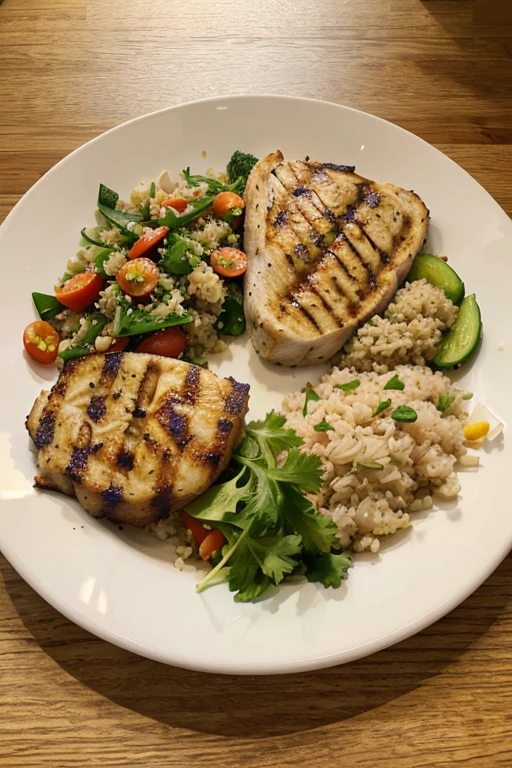 A flat design illustration of a balanced meal on a plate. Include sections with whole grains like brown rice or quinoa, lean protein like grilled chicken or fish, and colorful vegetables.