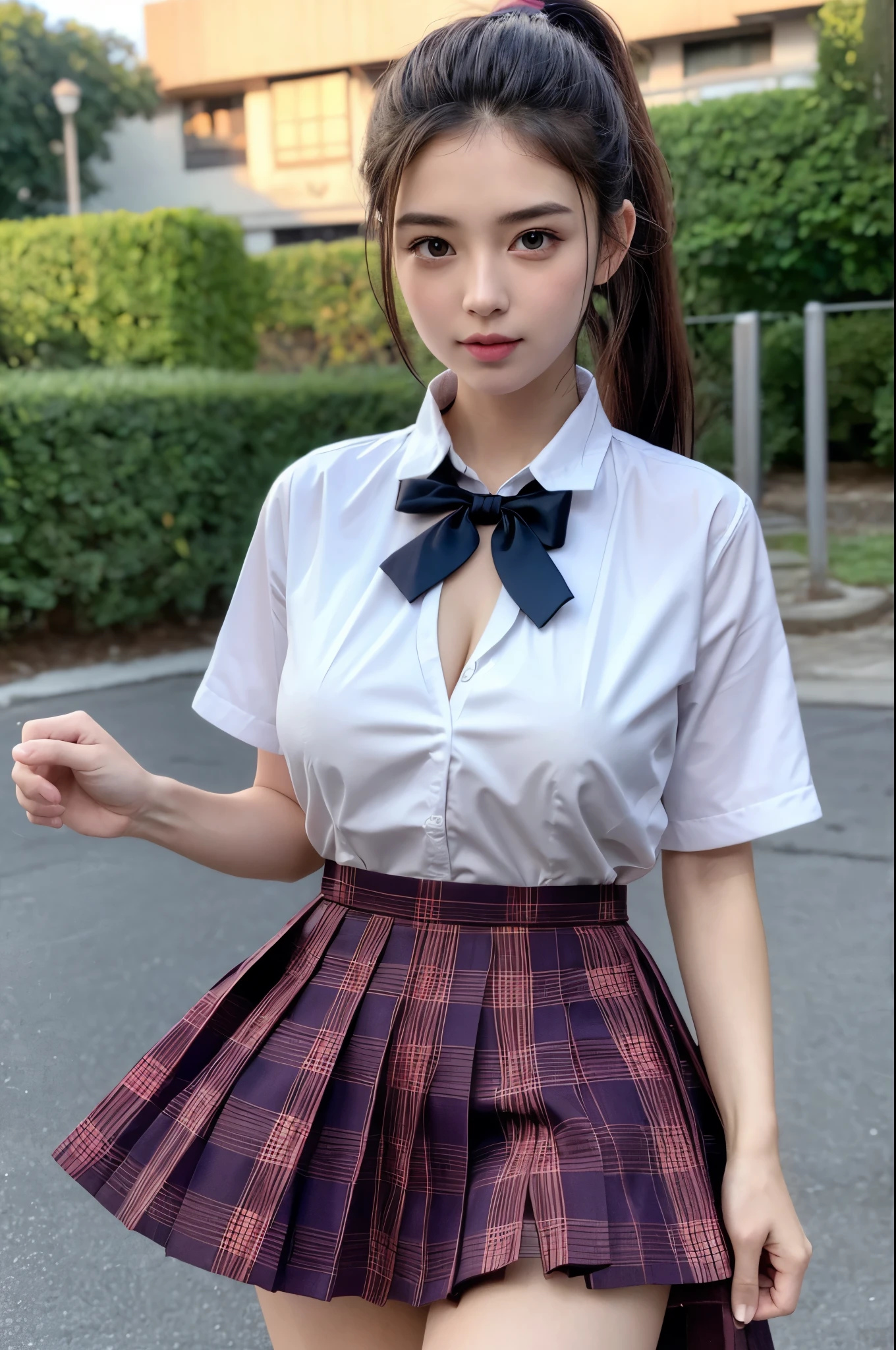 (1 girl),Very cute face, (Very detailed, Very detailed face), ((long ponytail)), (highest quality:1.4), Real skin texture, Raw photo, (Realistic, Photorealistic:1.37), Professional photography, (Cleavage:1.2), (look at me:1.5), Clothes that fit tightly against the skin、(Schoolgirl uniform :1.3)、(Erect nipples :1.3), Written boundary depth, Cinematic Light, Ray Tracing, (Beautiful Lips, Beautiful Eyes), (Professional Lighting), Ultra-high resolution output images, Perfect beautiful hands, Perfect beautiful fingers, Detailed Features of Perfect Fingers, Hair details, Detailed facial features, Detailed features of the costume, Decorative Bra、