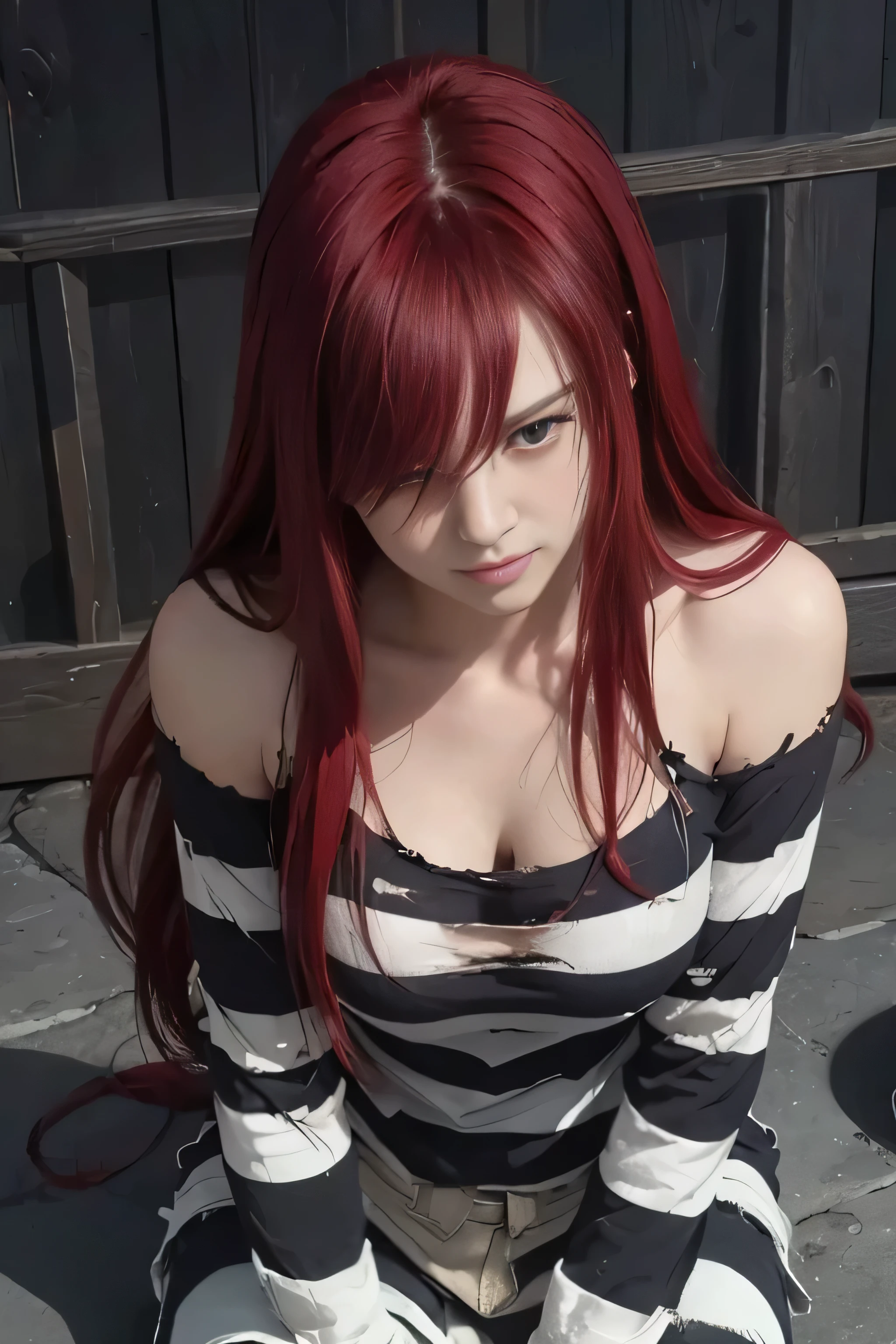 masterpiece, best quality, (realistic,photo-realistic:1.4), (RAW photo:1.2), extremely detailed CG unity 8k wallpaper, delicate and beautiful, amazing,finely detail, official art, absurdres, incredibly absurdres, huge filesize, ultra-detailed,extremely detailed eyes and face,light on face,erza scarlet,(little smile),(red hair:1.4),(long hair:1.6),(wearing stripped t-shirt:1.5),(medium breast:1.3),prison,(torn clothes:1.5),hair covered eyes