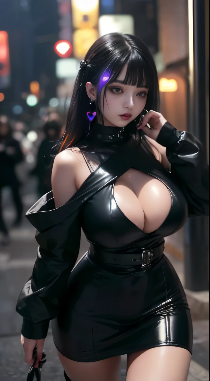 Cinematic lighting、(Key Light:Front 45 degree angle, Fill Light、Backlight、Shadow、Blue and orange color palette), Accurate human body、knowledgeable person、Correct five-finger、Raw photo、4K - ultra-vivid、highest quality, masterpiece, Ultra-high resolution, (reality: 1.4),
(((Oilskin,Glowing Skin、Realistic skin texture、Fine and beautiful skin、Glowing Skin、Glowing Skin)))、
Beautiful young, 19歳のgirl, 魅力的なgirl, クールなgirl、girl、mini skirt、Black Mask、((赤いHeavy makeup))、((big breasts)) 、 girl1名, Purple Eyes, Off-the-shoulder sweater dresses, Cinematic lighting、Purple and black hair、(Mine girl、Goth Makeup、My Makeup)、(Pierced Ears、big breasts、An oversized white t-shirt with open shoulders、ダークmini skirt)、((Heavy makeup、Oilskin,Glowing Skin、Realistic skin texture、Fine and beautiful skin、Glowing Skin)), Dark downtown at night、Goth Makeup、Kabukicho、Dark Cyberpunk、(Full Shot:1.8)、Thin legs、Thin arms、Narrow shoulders、Narrow waist、Slender body、Beautiful breasts、whole body、Full of embarrassment、Sexy pose、(((Big Breasts、big breasts)))、(((Exclamation mark, Moaning, Many Hearts,Spoken Heart, Comic Strip, moving line, Motion Blur, Shaking violently, lots of heart speech bubbles、shout)))、