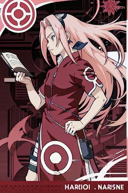 Haruno Sakura, introspective pose, looking away from view, long hair, pink hair, black and red background, book cover, anime style, masashi kishimoto artstyle