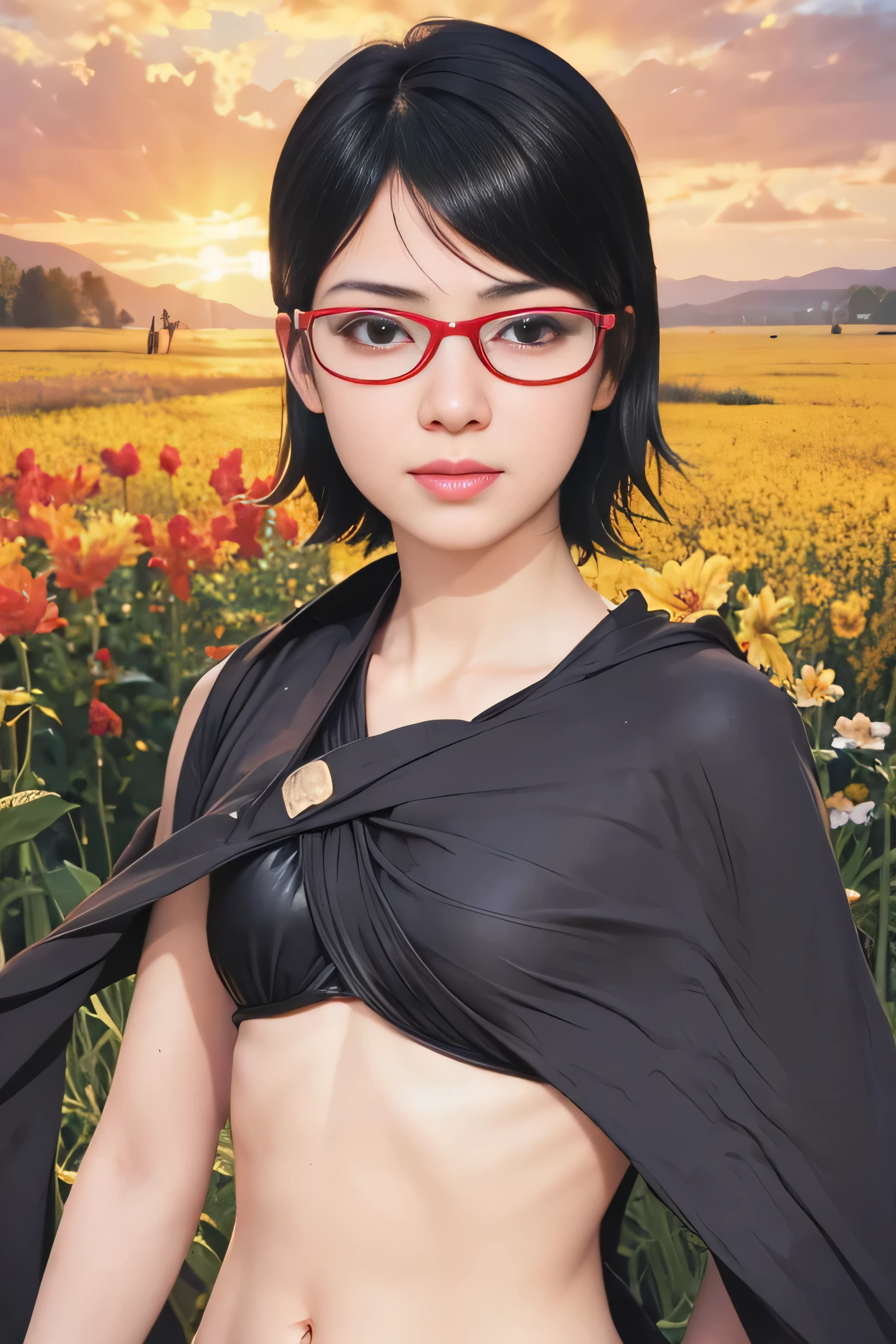 masterpiece, best quality, (realistic,photo-realistic:1.4), (RAW photo:1.2), extremely detailed CG unity 8k wallpaper, delicate and beautiful, amazing,finely detail, official art, absurdres, incredibly absurdres, huge filesize, ultra-detailed,extremely detailed eyes and face,light on face,sarada,(little smile),(black hair:1.4),(short hair:1.4),(wearing black robe:1.5),window,(wearing red framed glasses:1.4),(small breast:1.3),flower field