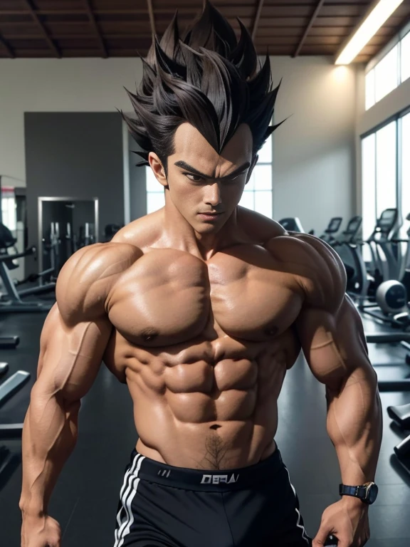 hombre musculoso coreano (abdominales reales, pectorales, 40 years) usando spandex gris, zapatillas, cabello de goku (todo negro, este consta de tres mechones colgando a la derecha de su frente y dos colgando a la izquierda, his hair also stands up on his forehead with four spikes and three tufts behind). pose (sexy, piernas abiertas) fondo de gimnasio. estilo realista, detalle perfecto, contraste excepcional. detalle de la foto, realista.