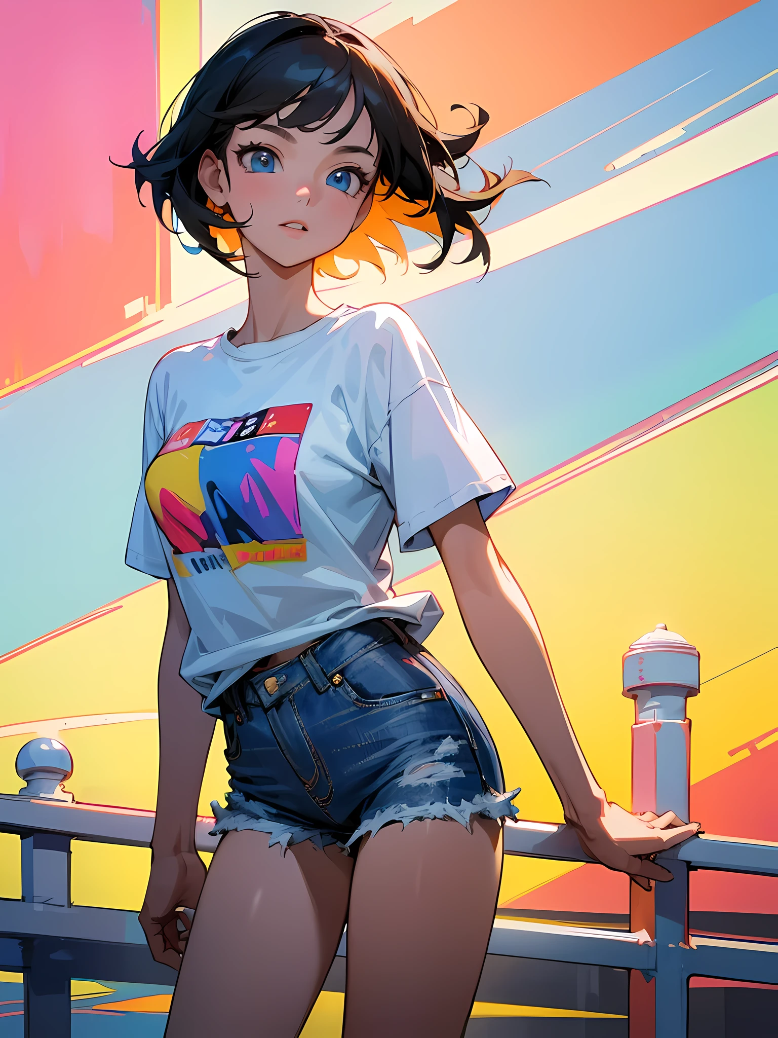 (best quality, 8K, high-res, masterpiece:1.2), ultra-detailed, realistic, vibrant colors, vivid lighting, 1 girl, short black hair, beautiful blue eyes, detailed facial features, wearing a plain white t-shirt and denim shorts, standing in a bustling city, surrounded by tall buildings and colorful advertisements, confident expression, engaging with the viewer