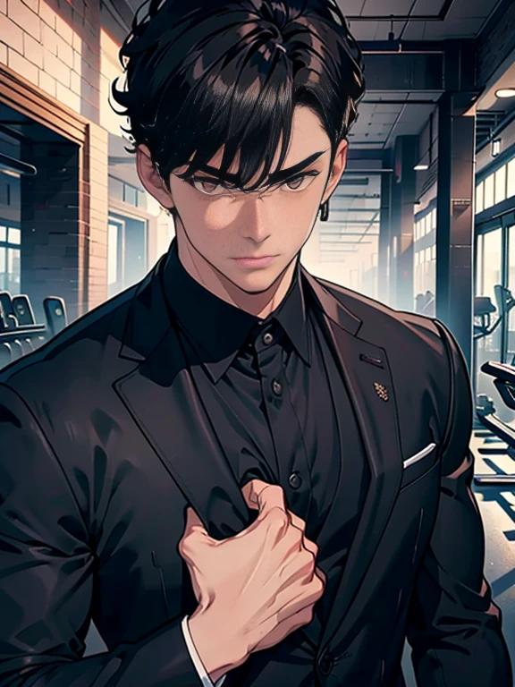 8K, Super detail, ccurate, Best quality, Best quality, High quality, hyper HD, Textured skin, Masterpiece,A boy,wearing black suits,brown hair,muscle strong,Handsome,higher details,in the gym
