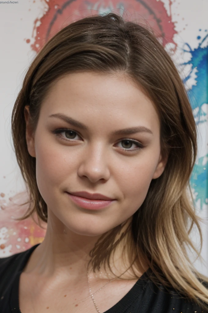 realistic photo of blond JenniferMorrison, ink splash, colorful, watercolor