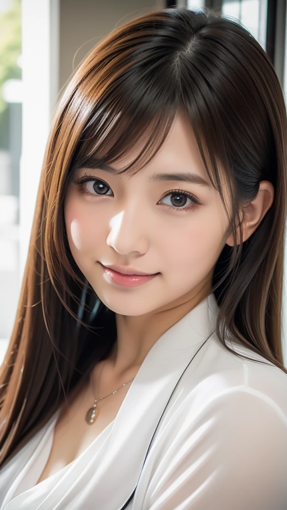 Arab asian woman with long brown hair in white shirt and black tie, Portrait of Mayuri Shiina, Beautiful Japanese girl face, mayuri shiina, Yoshitomo Nara, deayami kojima, Realistic young gravure idol, Young and cute gravure idol, Japanese Model, Young Sensual Gravure Idol, Chiho,