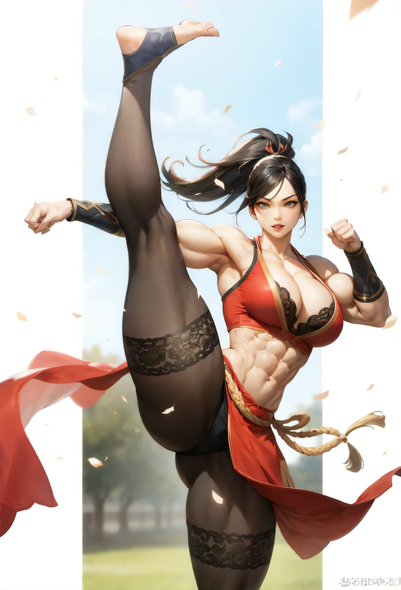 ,girl,beautiful face, muscular female, alternate muscle size,black hair,red hanfu,muscular thighs,spring,muscular ,biceps,black lace trim legwear,abs