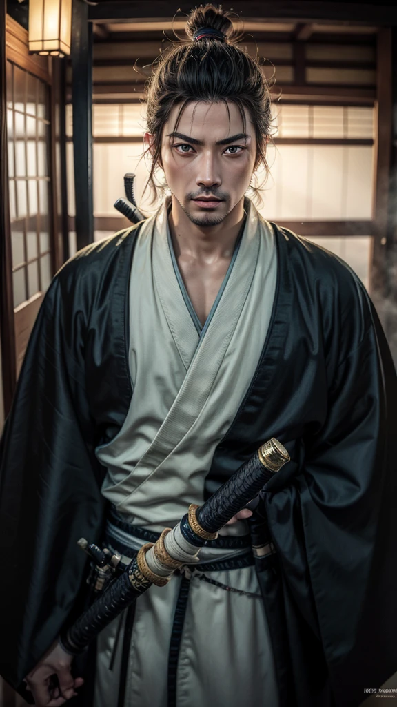 (best quality), high quality, very high resolution, (ultra detailed), 8k, (hyper realistic),Ray Tracing, (a japanese man), a man in a earth yellow kimono, hold a japanese sword, ronin, (very narrow eyes), (Droopy eyes), blankness, New York, night, neon light, samurai hairstyle, Musashi Miyamoto