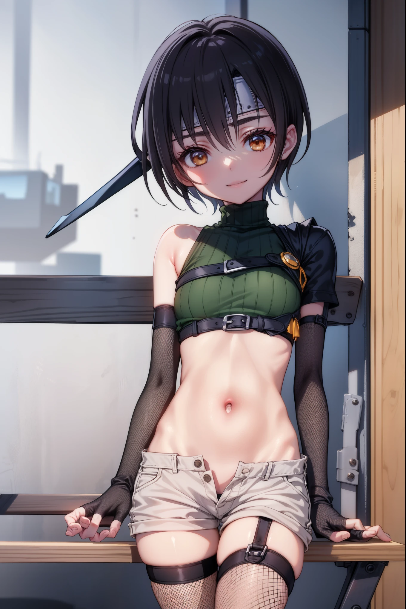 yuffiekisaragi, Yuffie Kisaragi,Haircuts, pixie cut,
壊す crop top, fingerless gloves, fishnet Thighhighs, fishnet, forehead protector, gloves, head band, belly button, short shorts, shorts, single sleeve, single thigh high, No sleeve, No sleeve turtleneck, Thighhighs, turtleneck,
bench、blue sky、smile, solo,rising_leg