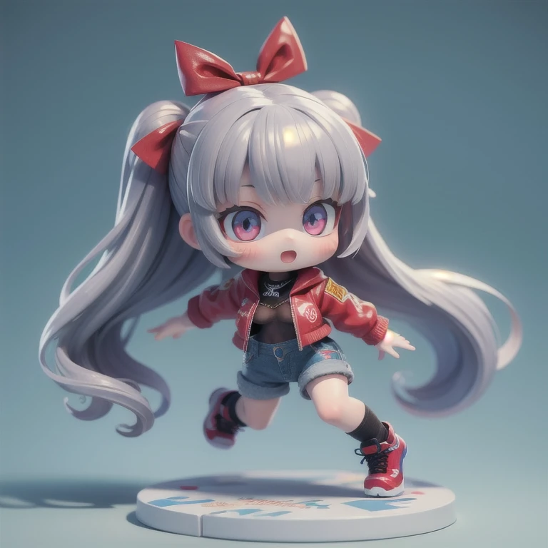 (masterpiece, best quality:1.2), 1girl,devil girl ((masterpiece, highest quality, Highest image quality, High resolution, photorealistic, Raw photo, 8K)),(nendoroid figure), miniatures,illustration,tight tube top,black hot pants,silver hair,(pale blue skin),Wear red ribbon,very happy,whole body,undressing,showing titties(visible nipples),three-dimensional,octane rendering,Perfect face,Collagen texture((flowing hair))