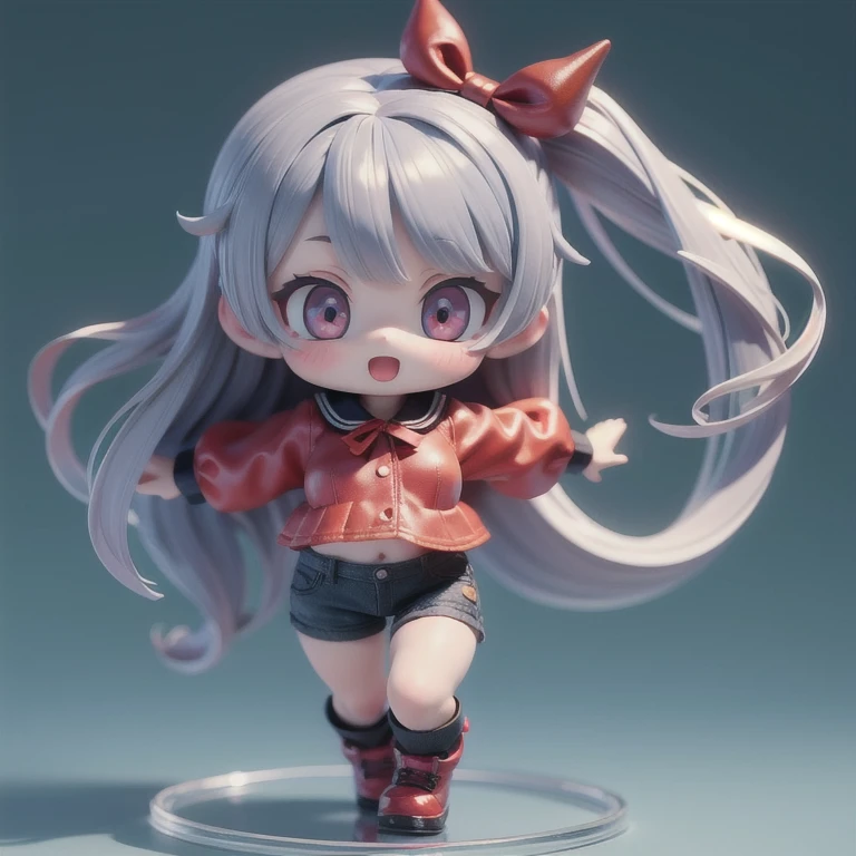 (masterpiece, best quality:1.2), 1girl,devil girl ((masterpiece, highest quality, Highest image quality, High resolution, photorealistic, Raw photo, 8K)),(nendoroid figure), miniatures,illustration,tight tube top,black hot pants,silver hair,(pale blue skin),Wear red ribbon,very happy,whole body,undressing,showing titties(visible nipples),three-dimensional,octane rendering,Perfect face,Collagen texture((flowing hair))