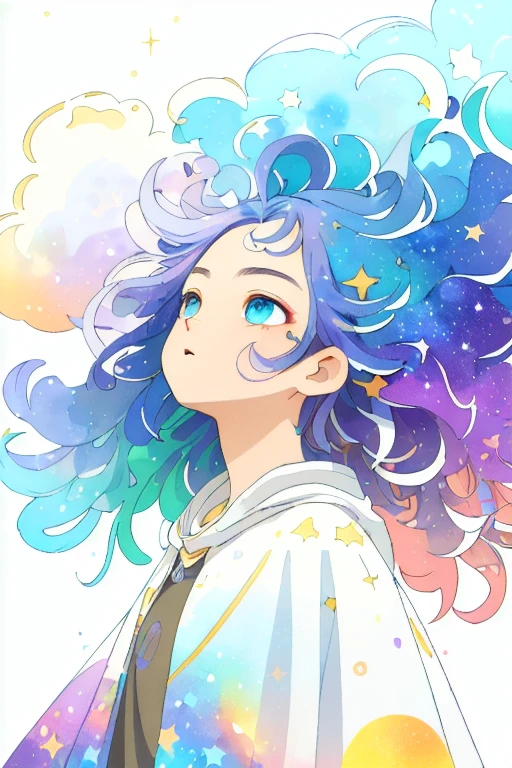 ((masterpiece)), (((best quality))), ((ultra-detailed)), ((illustration)),[realism light effect],shadow,(Fantasy style),(white background:1.6), simple background, (earth theme),(a cloak)[(hair focus,((1girl)),[(big slime hair): (cloud hair):0.3], (hair on background),(high saturation),(hair surrounded by galaxy splashes),)):((her hair is becoming galaxy clouds,:1.27628), (hair and clothes is galaxy clouds and cluster of stars:1.1025),(a cloak is becoming galaxy clouds)(colorful_galaxy_print_clusters_of_stars_print:1.35),((detailed starry sky with colorful galaxy and galaxy clouds):1.2)):0.35], (((masterpiece))),(((best quality))),((ultra-detailed)),(illustration),(dynamic angle),((floating)),(paint),((disheveled hair)),((beautiful detailed face)),collar,bare shoulders, ((colorful hair)),((streaked hair)),beautiful detailed eyes,(Gradient color eyes),(((colorful eyes))),(((colorful background))),(((high saturation))),(((surrounded by colorful splashes))),(((surrounded by colorful dot))),colorful bubble,((shining)),
